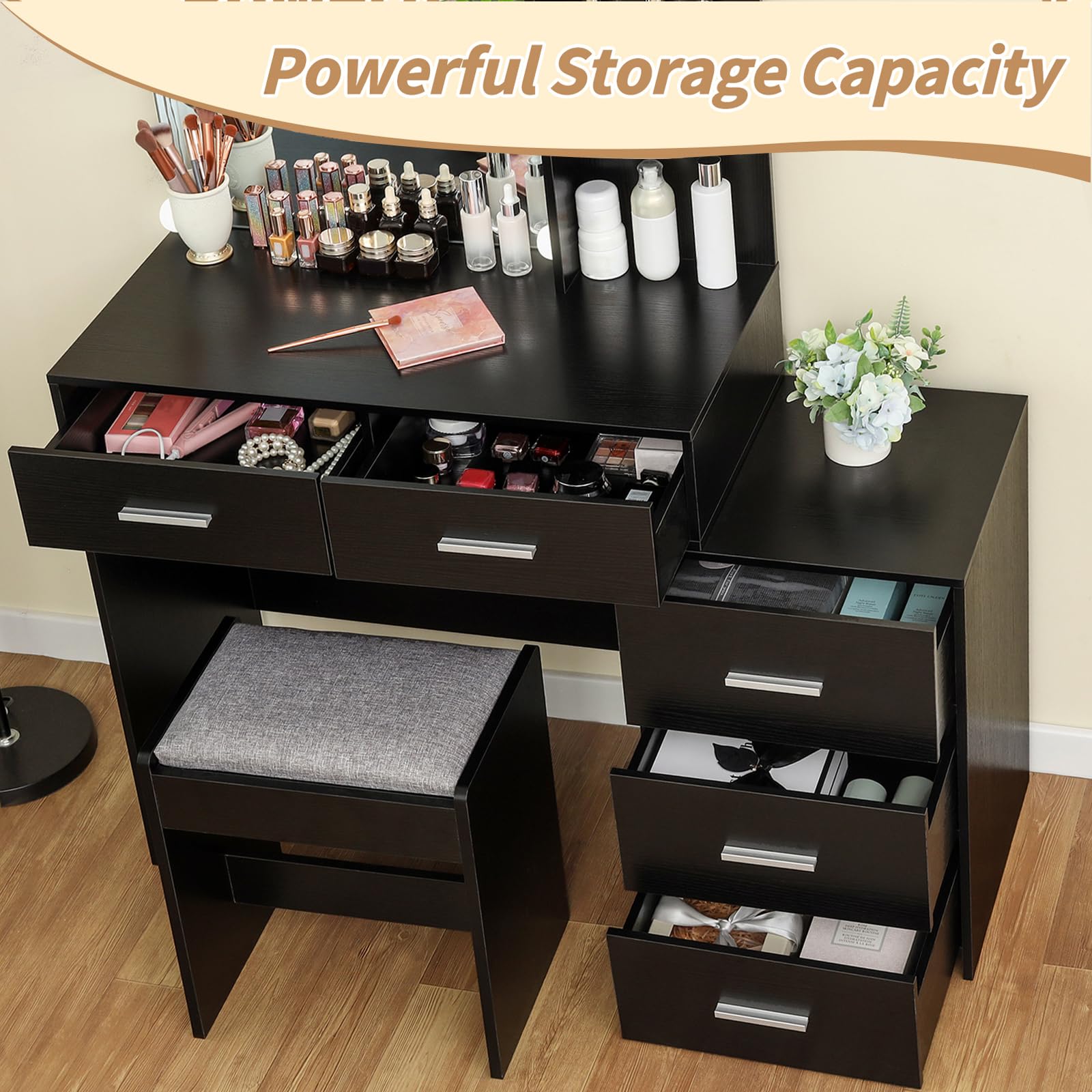 USIKEY 43.5 Inch Large LED Makeup Vanity Desk Set with Mirror, 10 Adjustable Lights, 5 Storage Drawers & Stool - Modern Dressing Table with Shelves for Women & Girls (Black) | Perfect for Bedroom, Dorm Room & Beauty Salon Organization