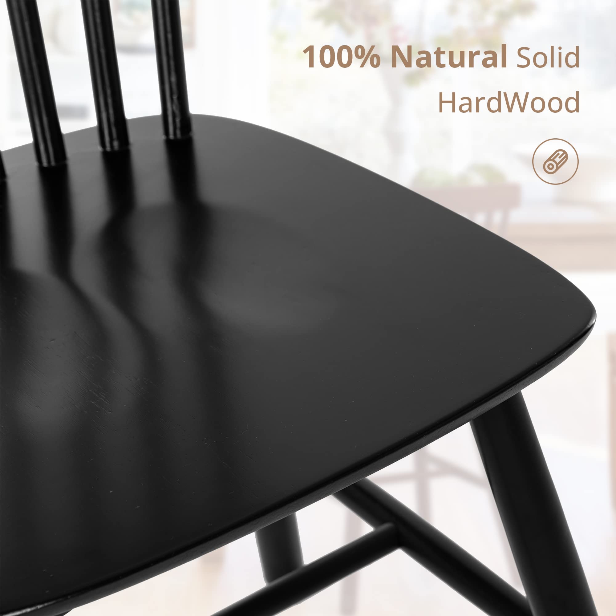 LUE BONA Windsor Dining Chairs Set of 2 - Solid Wood Spindle Back Farmhouse Style Kitchen & Dining Room Chairs in Black - Perfect for Country Homes, Breakfast Nooks, and Rustic Decor