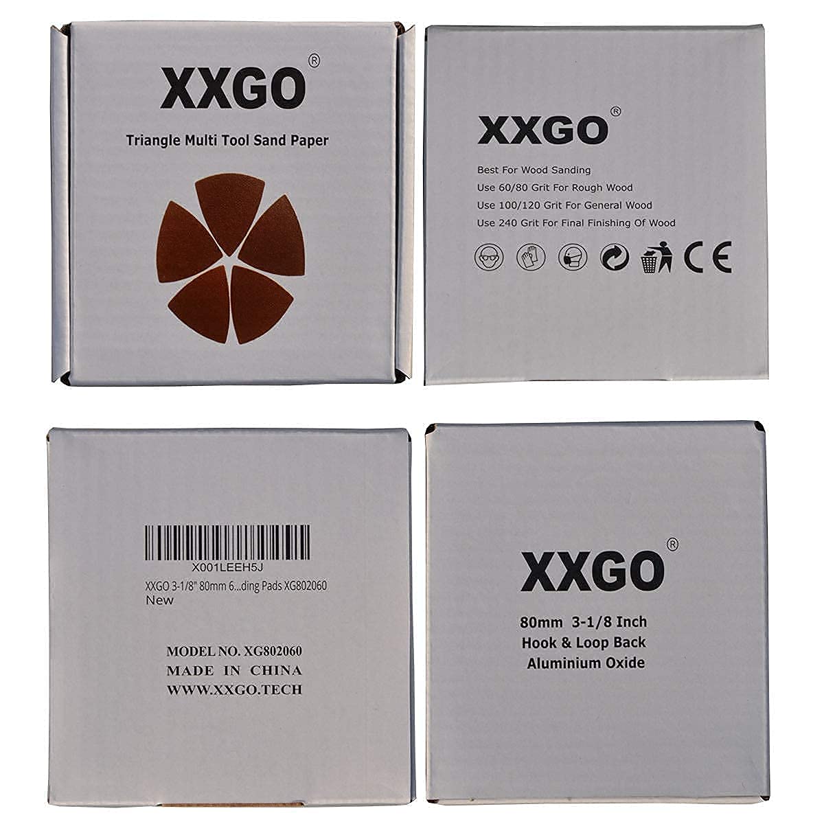 XXGO 180-Piece 3-1/8 Inch 80mm Triangular Oscillating Multi-Tool Sanding Pads Kit - 60/120/240 Grits Sandpaper (60 Pcs Each) - XGM0309 - Perfect for Woodworking, Metal Polishing & DIY Home Renovation Projects
