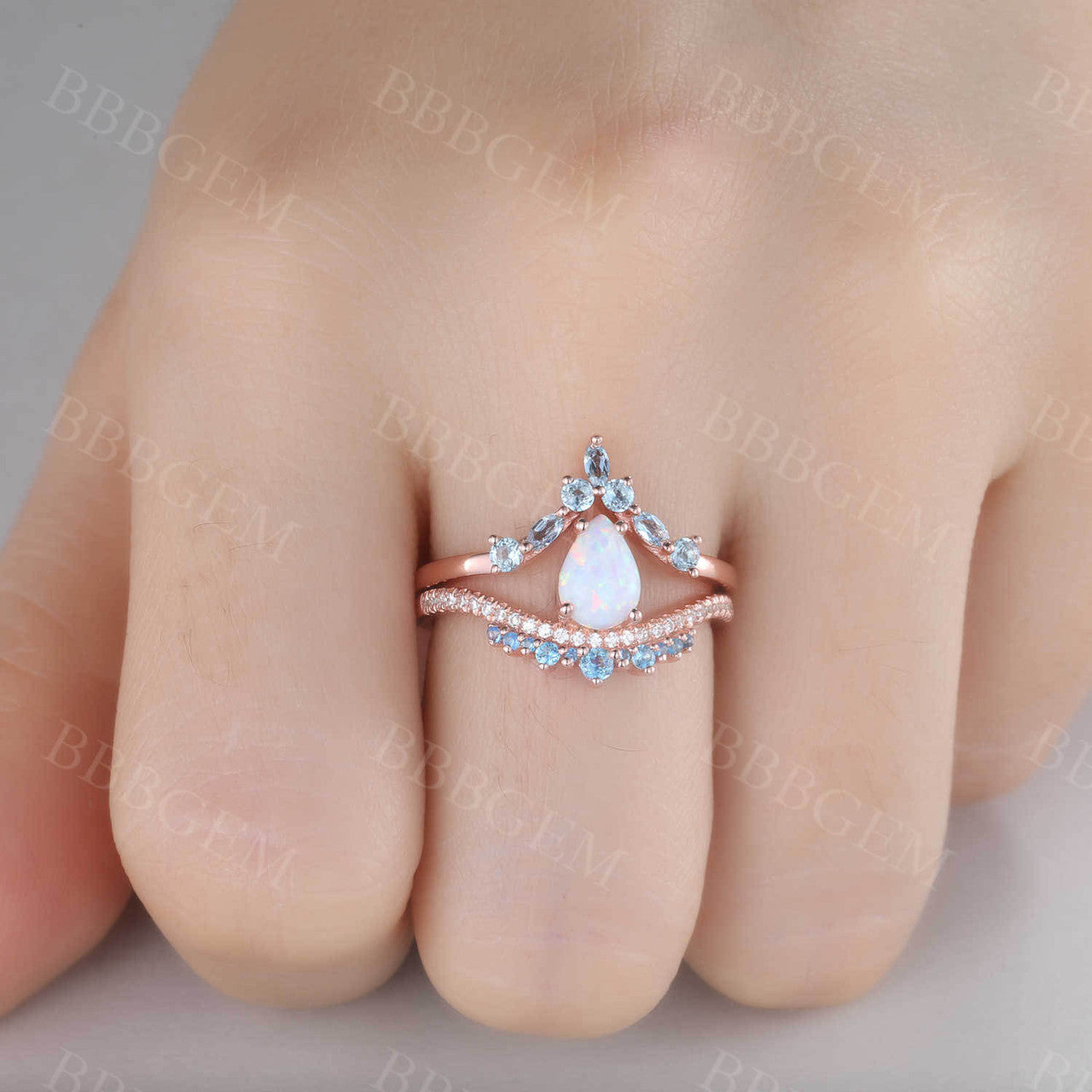 Vintage Opal Engagement Ring Set in Rose Gold with Blue Topaz Stacking Band - Unique Curved Wedding Bridal Jewelry Set for Proposal, Anniversary & Special Occasions
