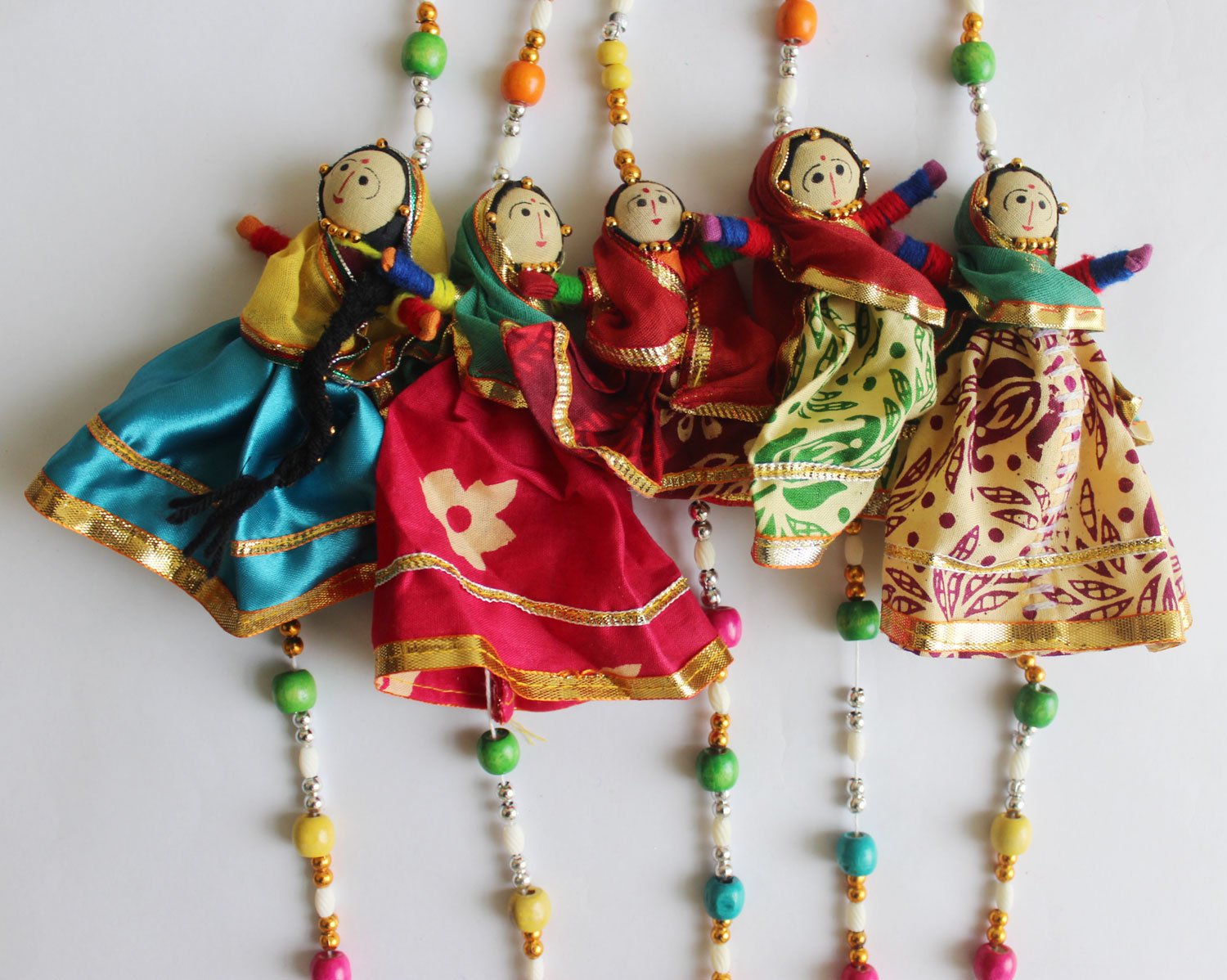 Traditional Indian Puppet Dolls - Handmade Wall Hanging Mobile String Decor (Set of 5) - Perfect for Nursery, Kids Room, Cultural Decor & Festival Celebrations