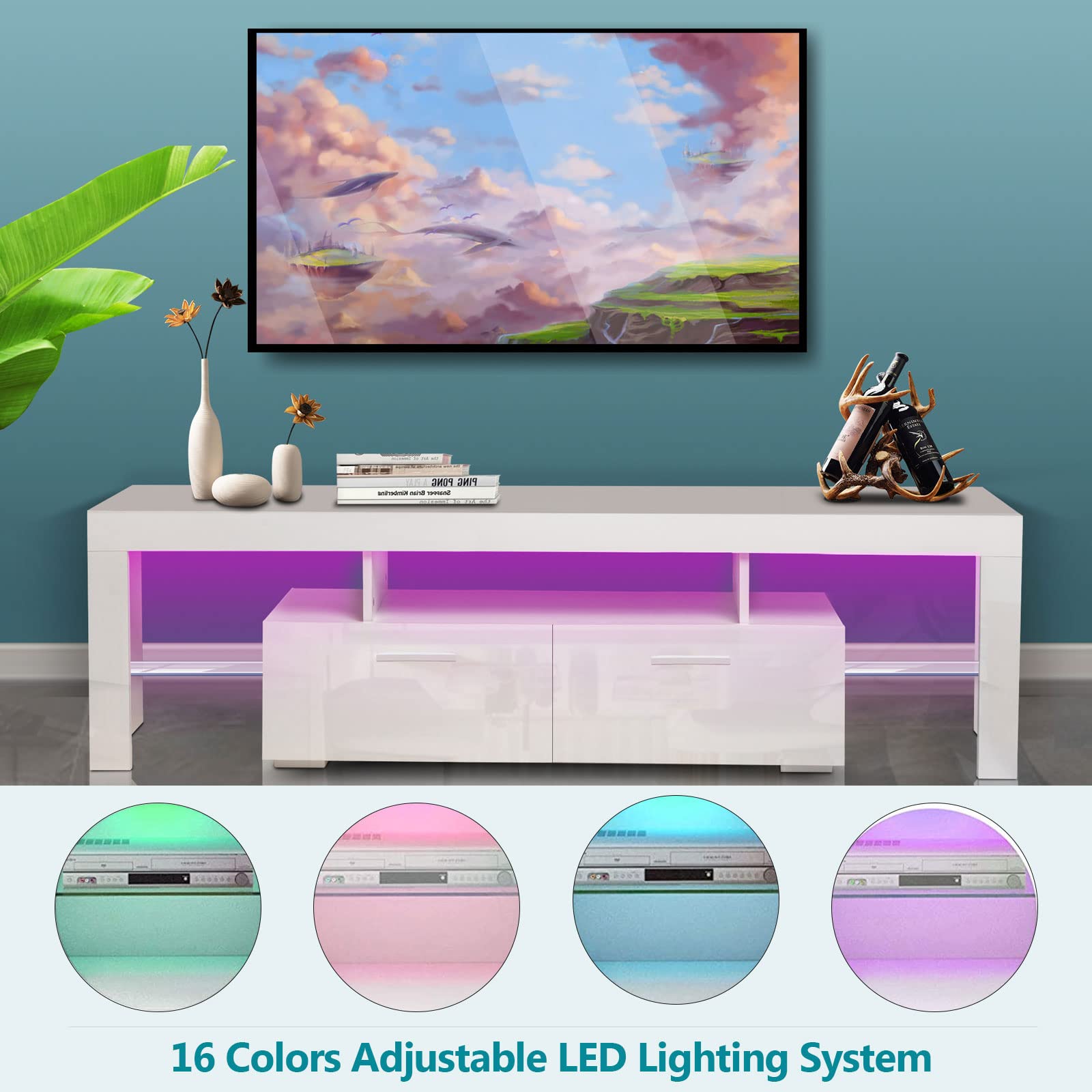 Modern LED TV Stand with 20-Color Remote Control Lights - High Gloss 70 Inch Entertainment Center with Storage Shelves & 2 Drawers - Living Room TV Cabinet for Home Theater & Gaming Setup (White)