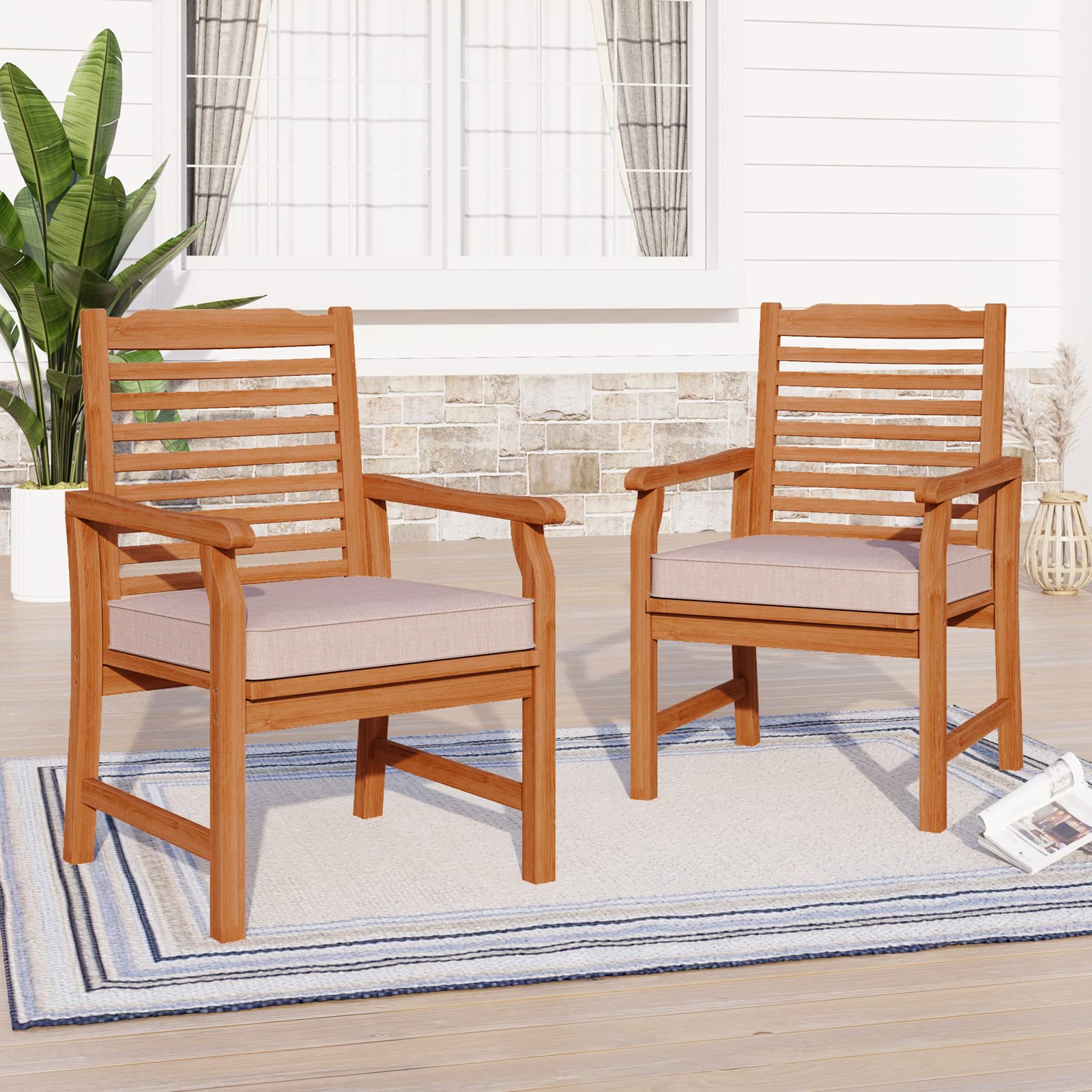 Sophia & William 2-Piece Acacia Wood Patio Dining Chairs with Cushions - Outdoor Oil Finish Middle Back Wooden Armchairs Set - Natural Teak Wood Chairs for Porch, Yard, Balcony, Deck - Perfect for Outdoor Dining, Lounging & Entertaining