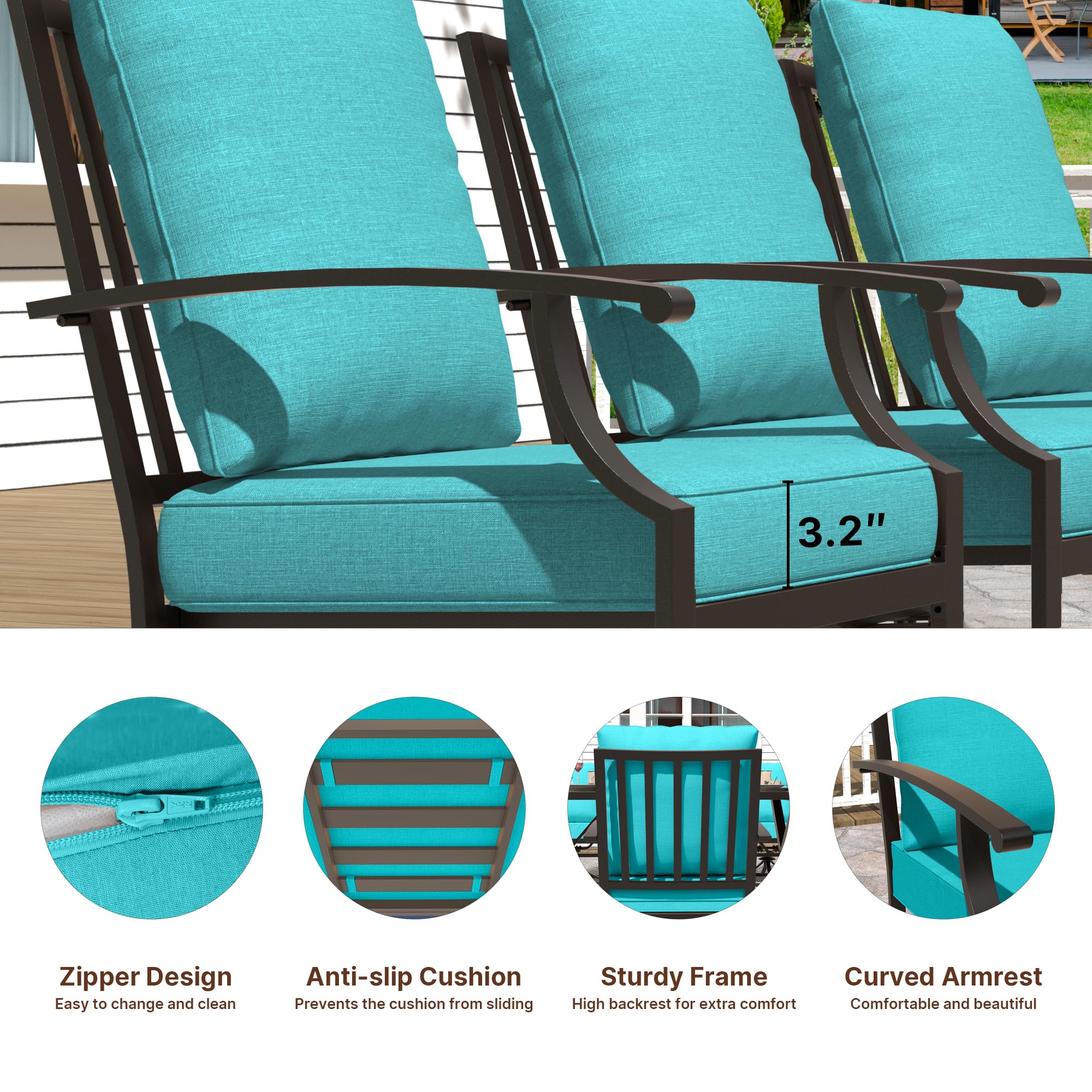 Gotland 7-Piece Outdoor Dining Set for 6 - Modern Rectangular Patio Table with Umbrella Hole & Metal Chairs - Blue Garden Furniture for Backyard, Lawn, Poolside & BBQ Gatherings