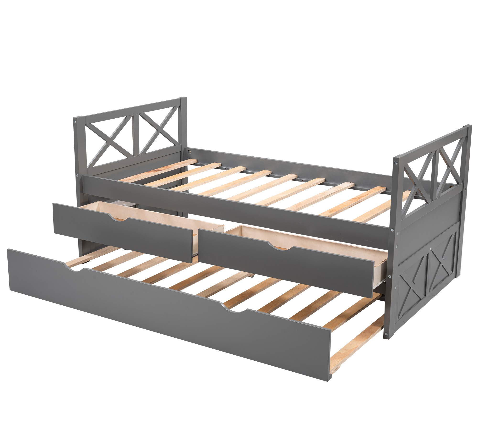 Knocbel Twin Daybed with Trundle and Drawers - Solid Wood Platform Bed Frame with Headboard, Footboard & Slat Support - Space-Saving Guest Bed (Gray) - Perfect for Small Bedrooms, Dorm Rooms & Home Offices