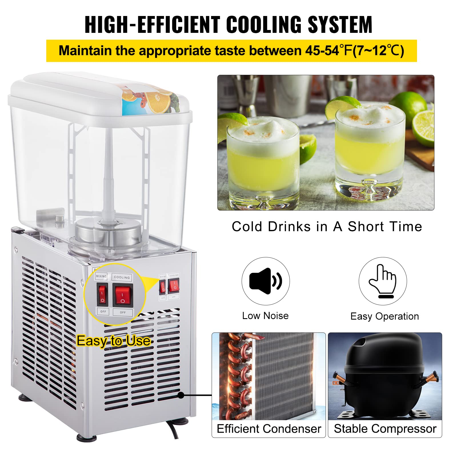 VEVOR 110V Commercial Beverage Dispenser, 4.8 Gallon (18L) Stainless Steel Juice & Iced Tea Dispenser with Thermostat Control - 200W Food-Grade Drink Dispenser for Restaurants, Cafes, and Catering Events