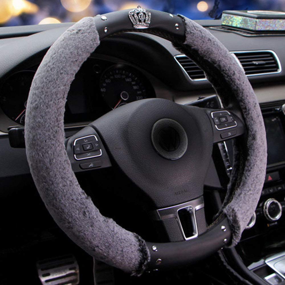 Premium Diamond Crown Plush & PU Leather Steering Wheel Cover - Soft, Fuzzy, Fashionable Universal 15 Inch (38 cm) Car Accessory in Grey - Perfect for Winter Comfort & Stylish Car Interior Upgrade