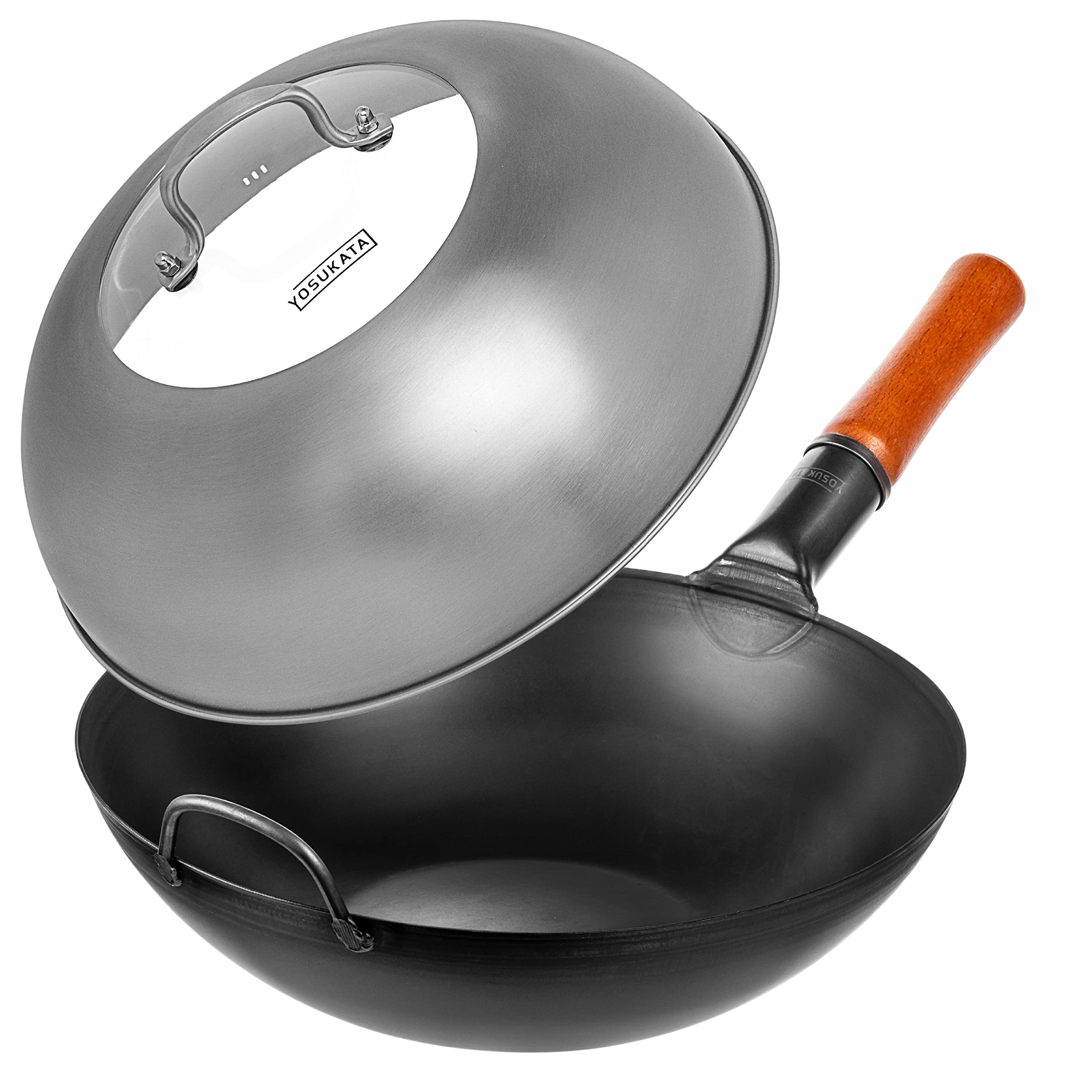 YOSUKATA 13.5 Inch Carbon Steel Wok Pan with Lid - Professional Stir Fry Pan, Premium Stainless Steel Cover with Tempered Glass & Steam Holes - Ergonomic Handle for Asian Cooking, Stir Frying, Sautéing & Home Chef Use