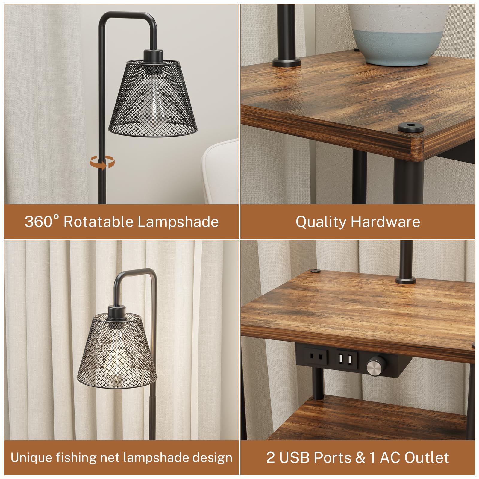Modern Floor Lamp with Side Table - USB Charging Port & Outlet, Adjustable Bedside Nightstand End Table with Built-in Light for Living Room, Bedroom, Guest Room - Includes LED Bulbs (2 Pack) - Perfect for Reading, Working & Charging Devices