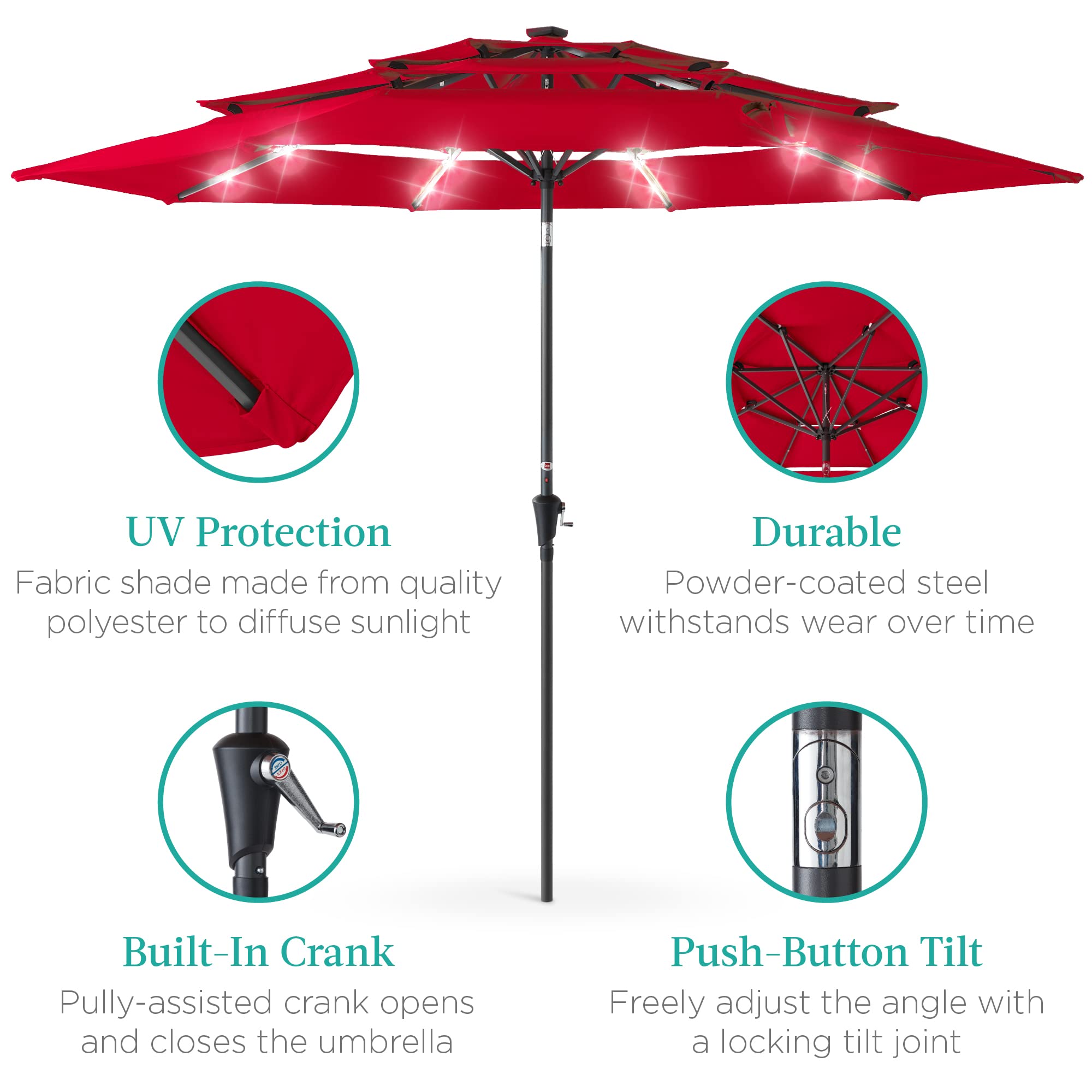 Best Choice Products 10ft 3-Tier Solar Patio Umbrella with 24 LED Lights - Adjustable Tilt & Easy Crank, 8 Sturdy Ribs for Backyard, Deck, Poolside - Perfect for Outdoor Dining, Lounging, and Summer Gatherings (Red)