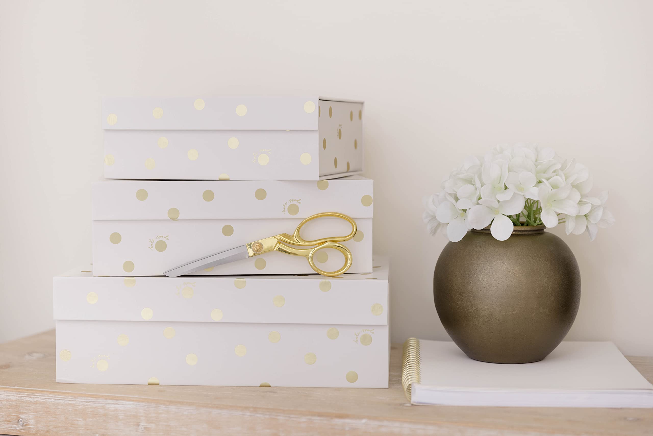 Kate Spade New York 3-Pack Decorative Storage Boxes with Lids - Small Medium Large Pink Nesting Organizer Bins with Magnetic Closure, Gold Dot & Script Design | Perfect for Home Office, Bedroom & Closet Organization