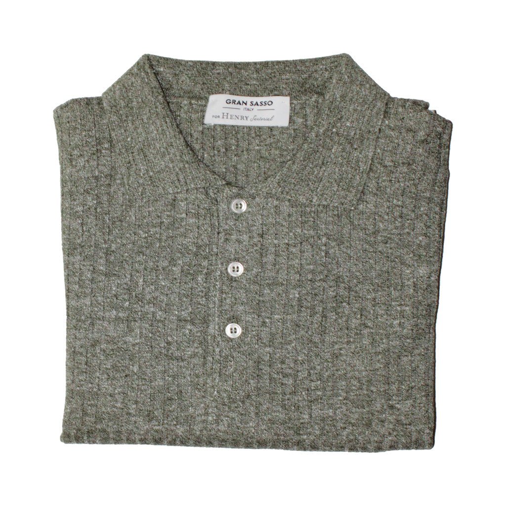 GRAN SASSO Men's Cotton Linen Ribbed Polo Shirt - Olive Green Casual Button Down Shirt for Summer Outdoor Activities and Business Casual Wear