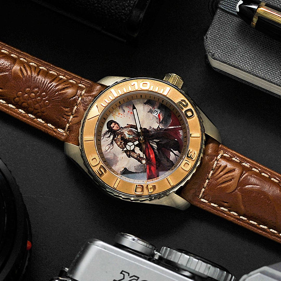 AG Collective Zhou Yu Three Kingdoms Series Light Brown Leather Strap Men's Watch G 8040 SAN QUE - Classic Vintage Timepiece for Business, Casual & Formal Occasions