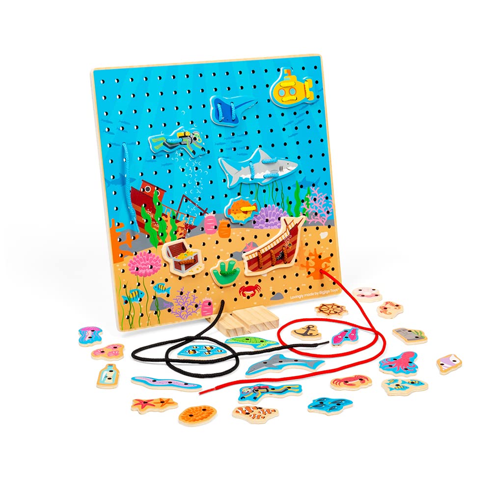 Bigjigs Toys Marine Lace-a-Shape Game - 30 Geometric Shape Lacing Cards & 6 Laces for Toddlers, Fine Motor Skills Development Toy, Early Learning Threading Activity for Kids Ages 2+ | Perfect for Preschool Classroom, Montessori Education & Home Playtime