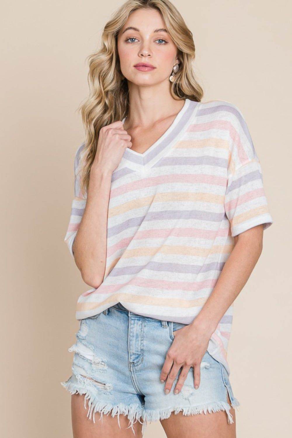 BOMBOM Striped V-Neck Short Sleeve T-Shirt for Women - Casual Summer Tee Top for Outfits, Beach, Travel & Everyday Wear