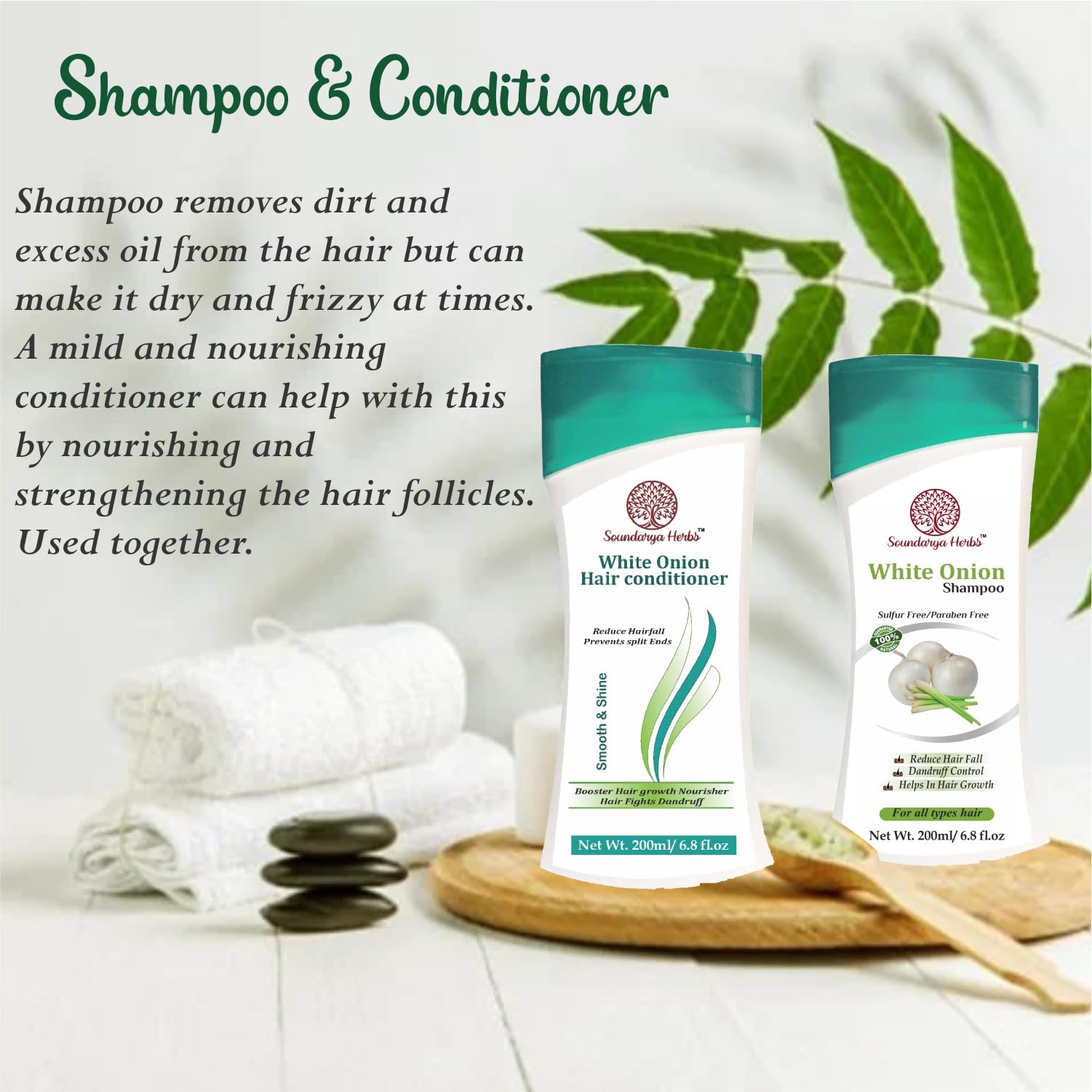 Soundarya Herbs Onion Hair Shampoo & Conditioner Set - 200ml Each for Healthy, Shiny Hair Growth | Sulfate-Free Natural Hair Care for Dry, Damaged Hair | Perfect for Daily Use at Home & Salon