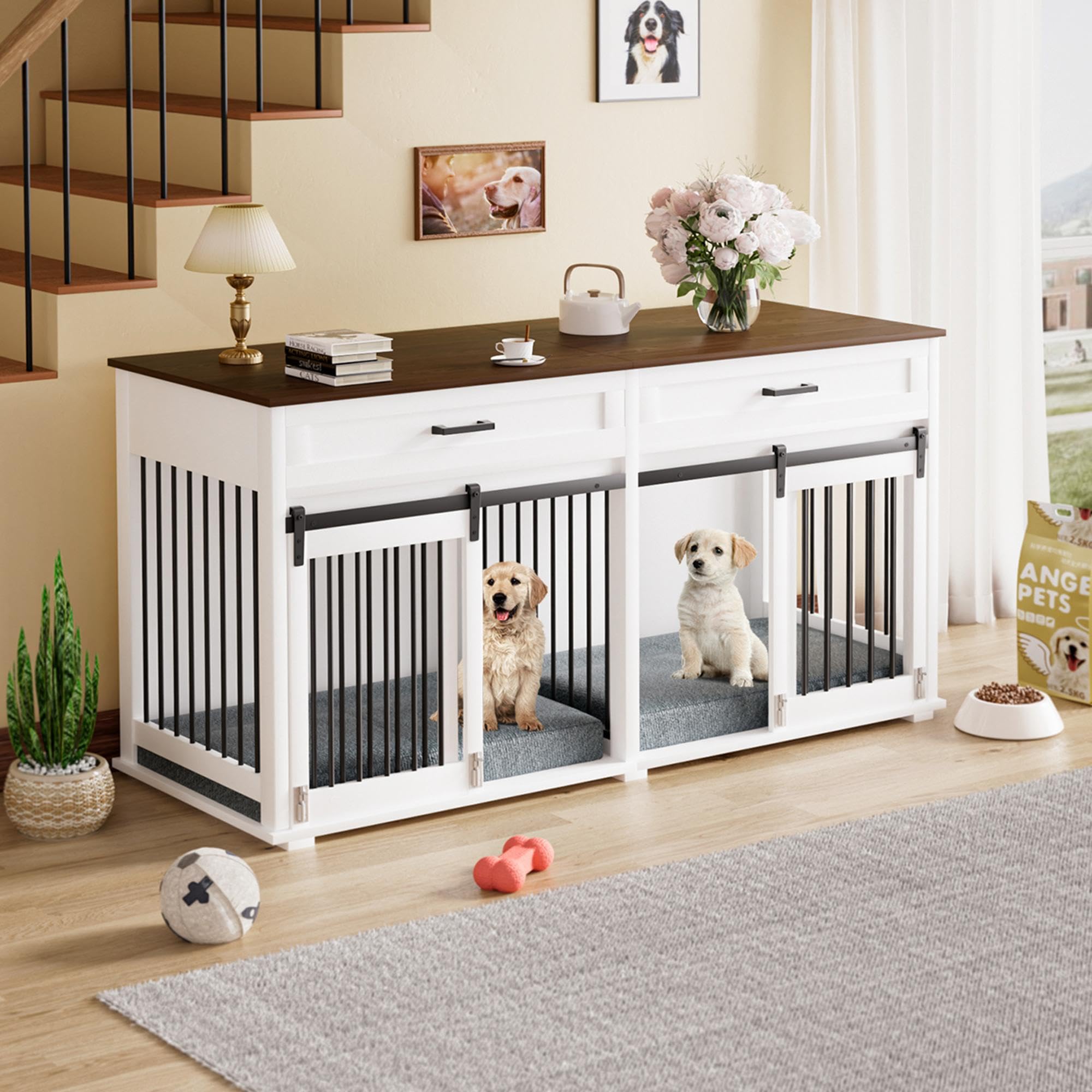 MUPATER Large Dog Crate Furniture for 2 Dogs - Double Wooden Dog Cage Table with Removable Divider, 2 Storage Drawers & Safety Locks | Indoor Pet Kennel Furniture for Living Room, Bedroom & Office (White)