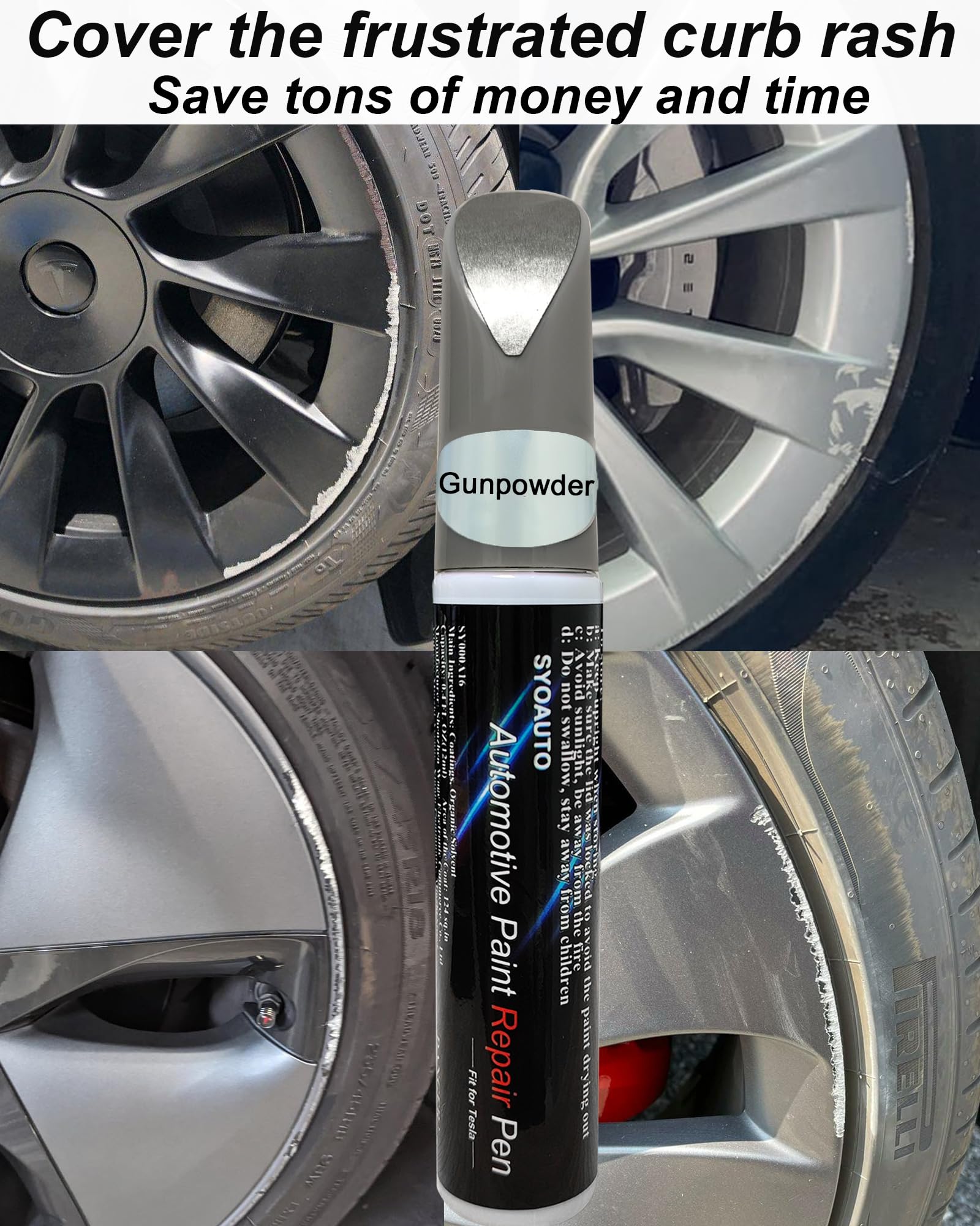 SYOAUTO Gunpowder Gray Touch Up Paint Pen for Tesla Model Y 3 S X - 2-in-1 Brush & Pen Tip to Repair Wheel Scratches, Curb Rash on Uberturbine/Arachnid/Cybersteam/Turbine Rims | Perfect for DIY Car Maintenance & Cosmetic Wheel Restoration