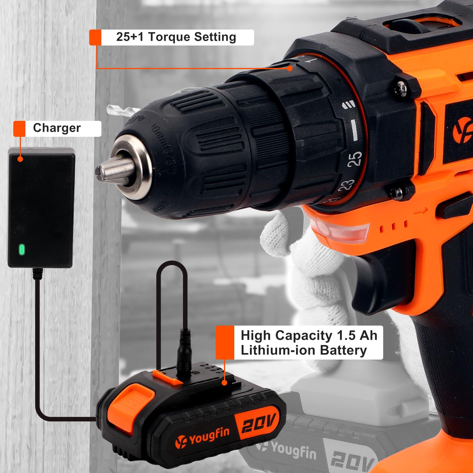 Yougfin 20V Cordless Drill Set Combo Kit - 114 Piece Power Tool Kit with 2 Batteries & Charger, Household Hand Tools for Men - Perfect for Home Office Repairs, DIY Projects & Improvement Tasks
