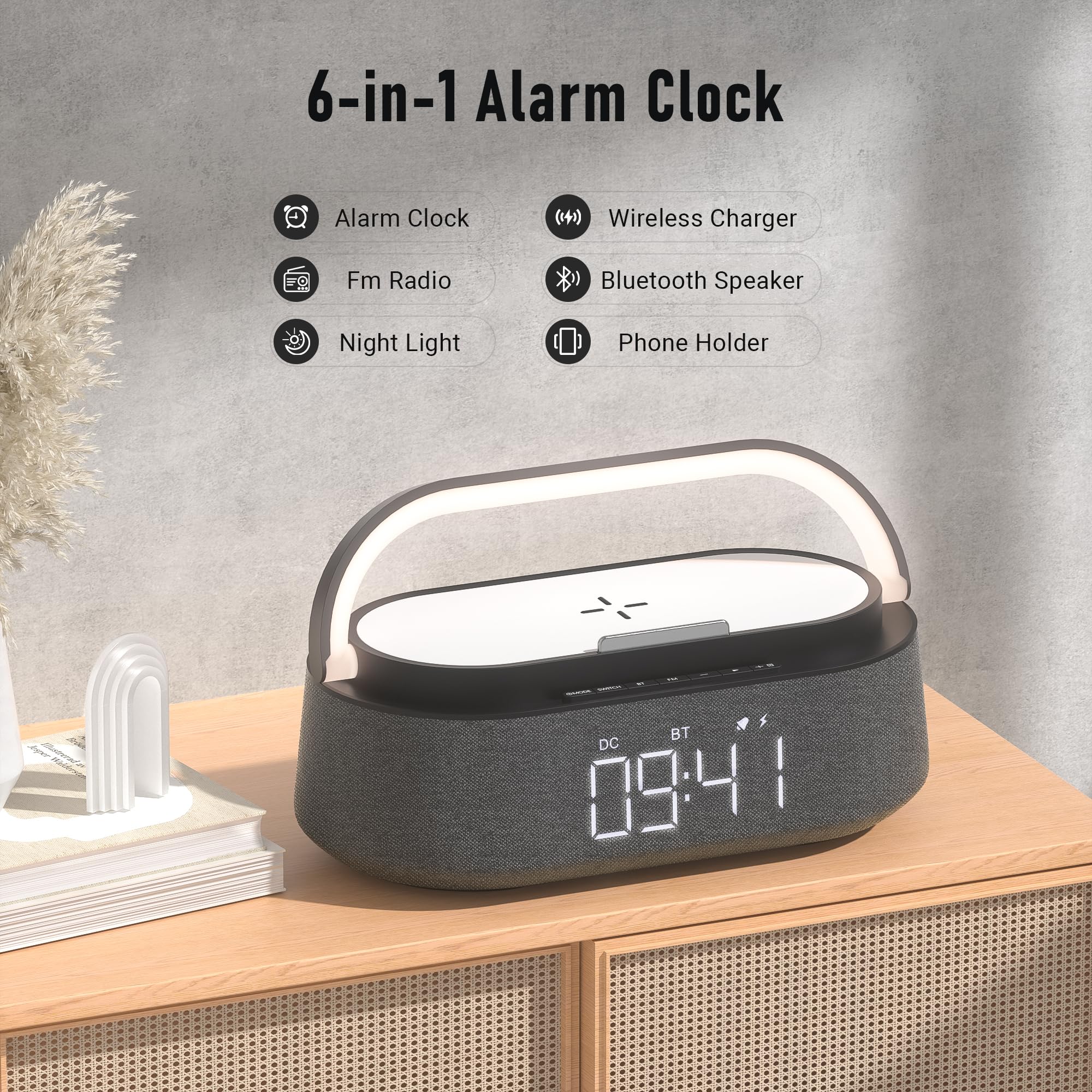 6-in-1 Bluetooth Speaker with Wireless Charger | Portable Bedroom Speaker with FM Radio, Adjustable LED Night Light, Dual Wireless Charging & Phone Stand | Perfect for Bedside, Home Office, Travel & Gifts