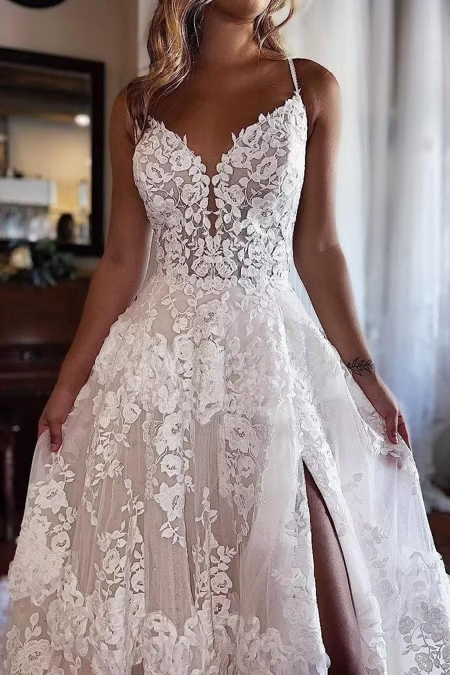 2024 Boho Beach Wedding Dresses for Women – V-Neck Lace Backless Bridal Gowns – Perfect for Outdoor, Beach & Destination Weddings