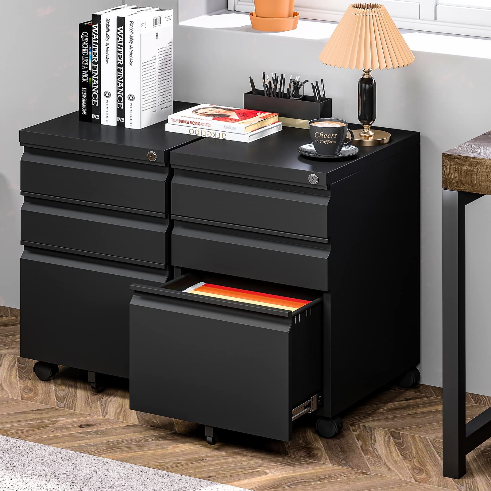 Yizosh 3-Drawer Locking Mobile File Cabinet - Black Under Desk Rolling Storage Organizer for Legal/Letter/A4 Files - Heavy Duty Metal File Cabinet with Wheels (Fully Assembled) - Perfect for Office, Home, or Classroom Organization