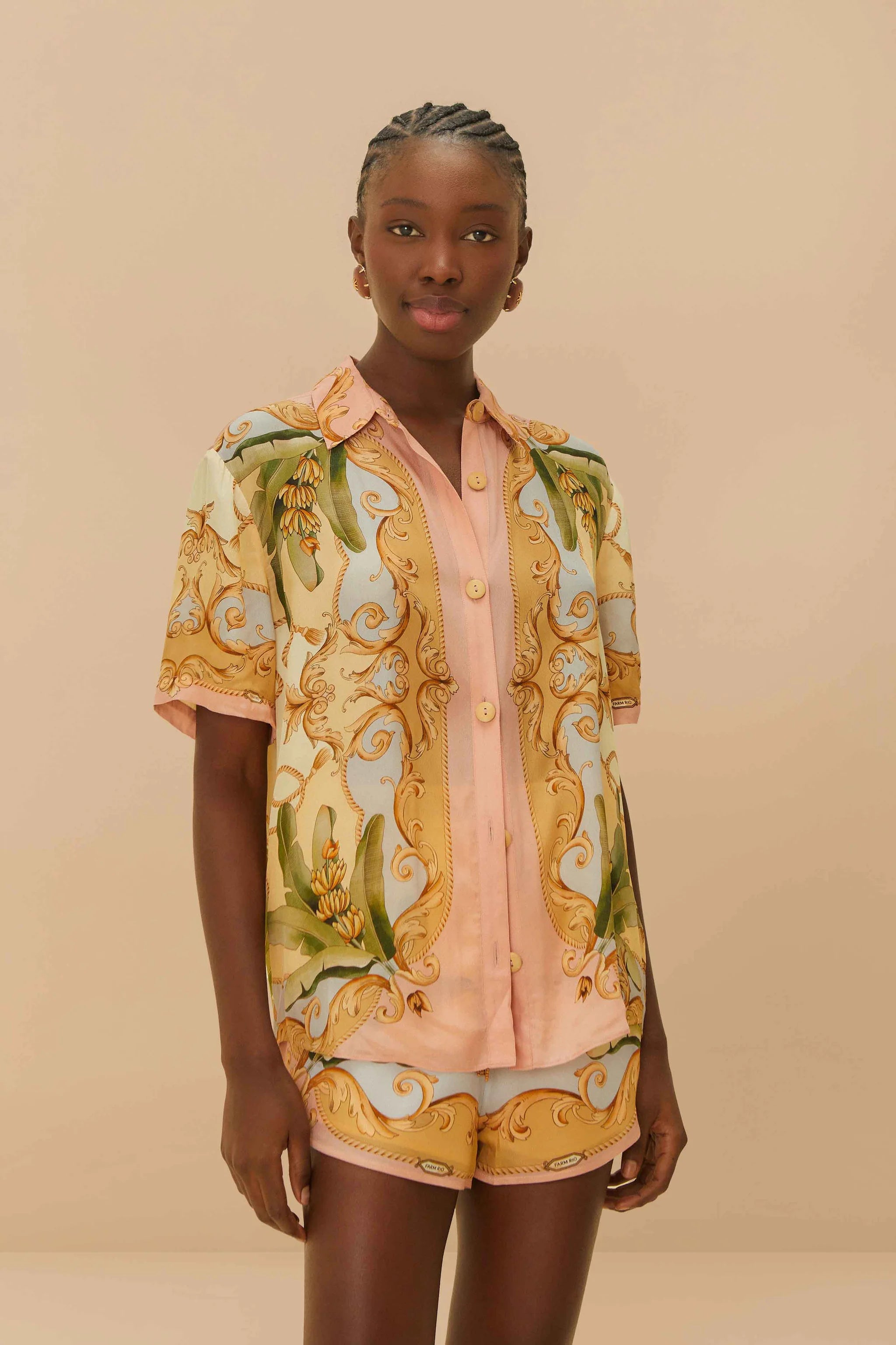 Farm Rio Banana Royalty Shirt - Women's Tropical Print Blouse for Summer Vacations & Beach Getaways