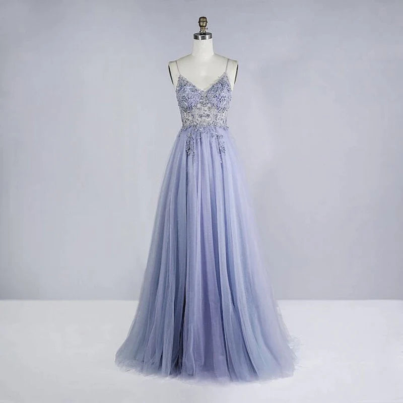 Sparkling Beaded Crystal Prom Dresses for Women - Elegant Long See-Through A-Line Gown with V-Neck & Spaghetti Straps | Perfect for Formal Evening, Homecoming, Wedding & Special Occasions