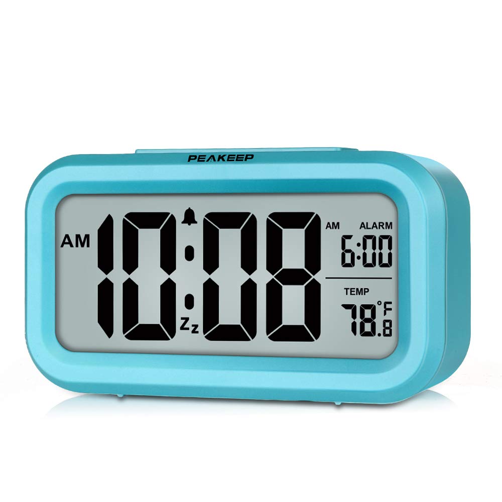 Peakeep Battery Operated Digital Alarm Clock with Night Light & Indoor Temperature Display - Small Desk Clock for Bedroom, Kids Room, Office (Blue) - Perfect for Nighttime Use, Travel & Home Decor