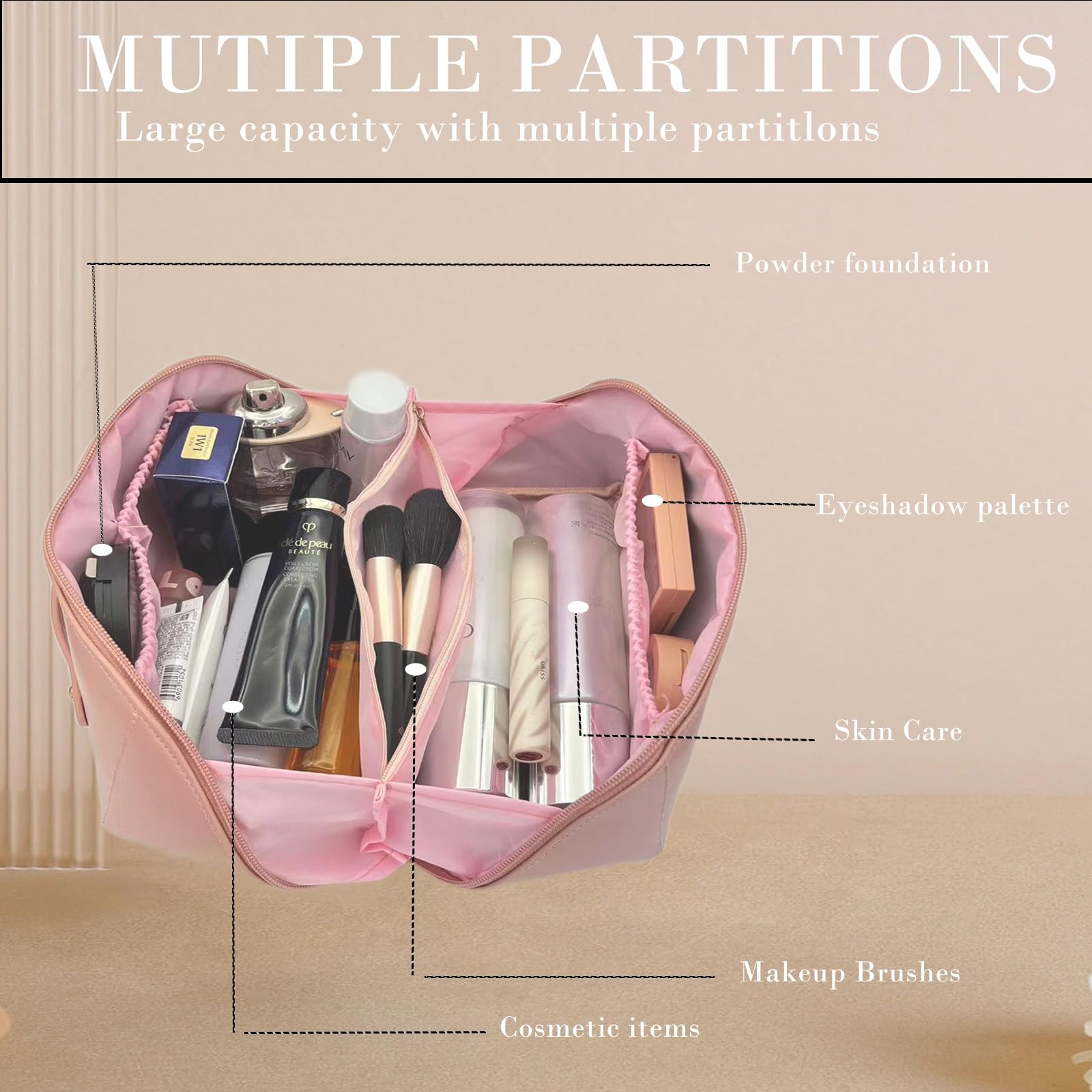 Large Travel Makeup Bag for Women - Waterproof Cosmetic Organizer with Divider | Perfect for Vacation & Gym (Pink)
