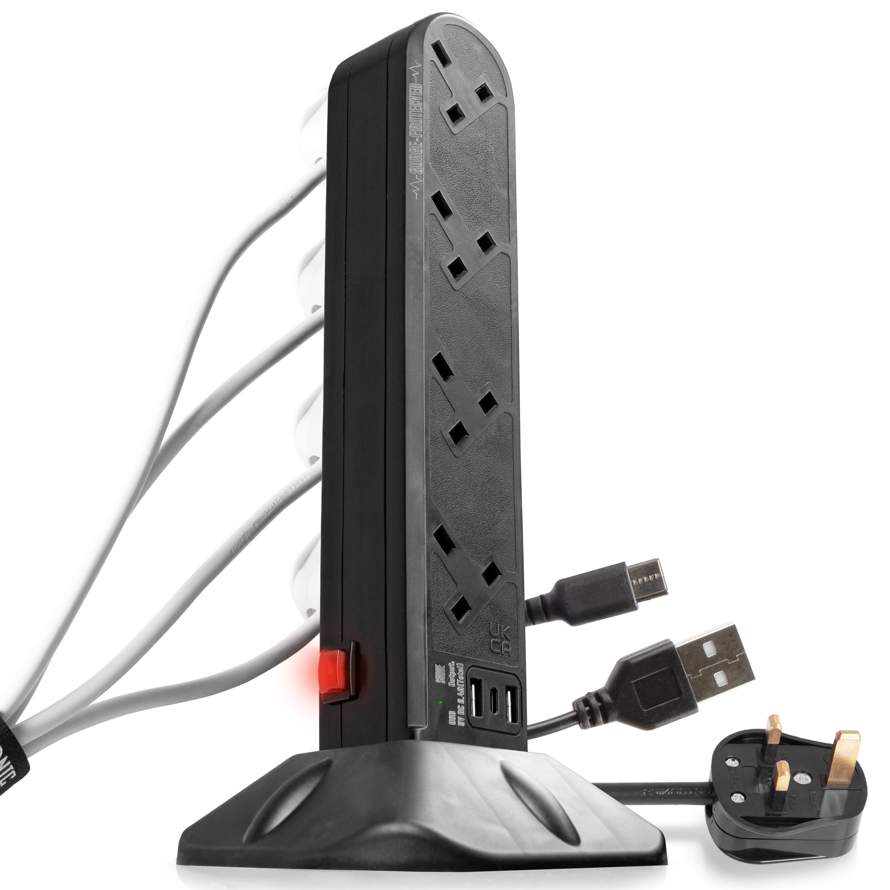 Duronic 8-Way Surge Protected Extension Lead with 2 USB Ports & 1 USB-C Port | UK Plug Multiplug Tower | 2m Black Power Cord for Home, Office & Travel Charging Needs