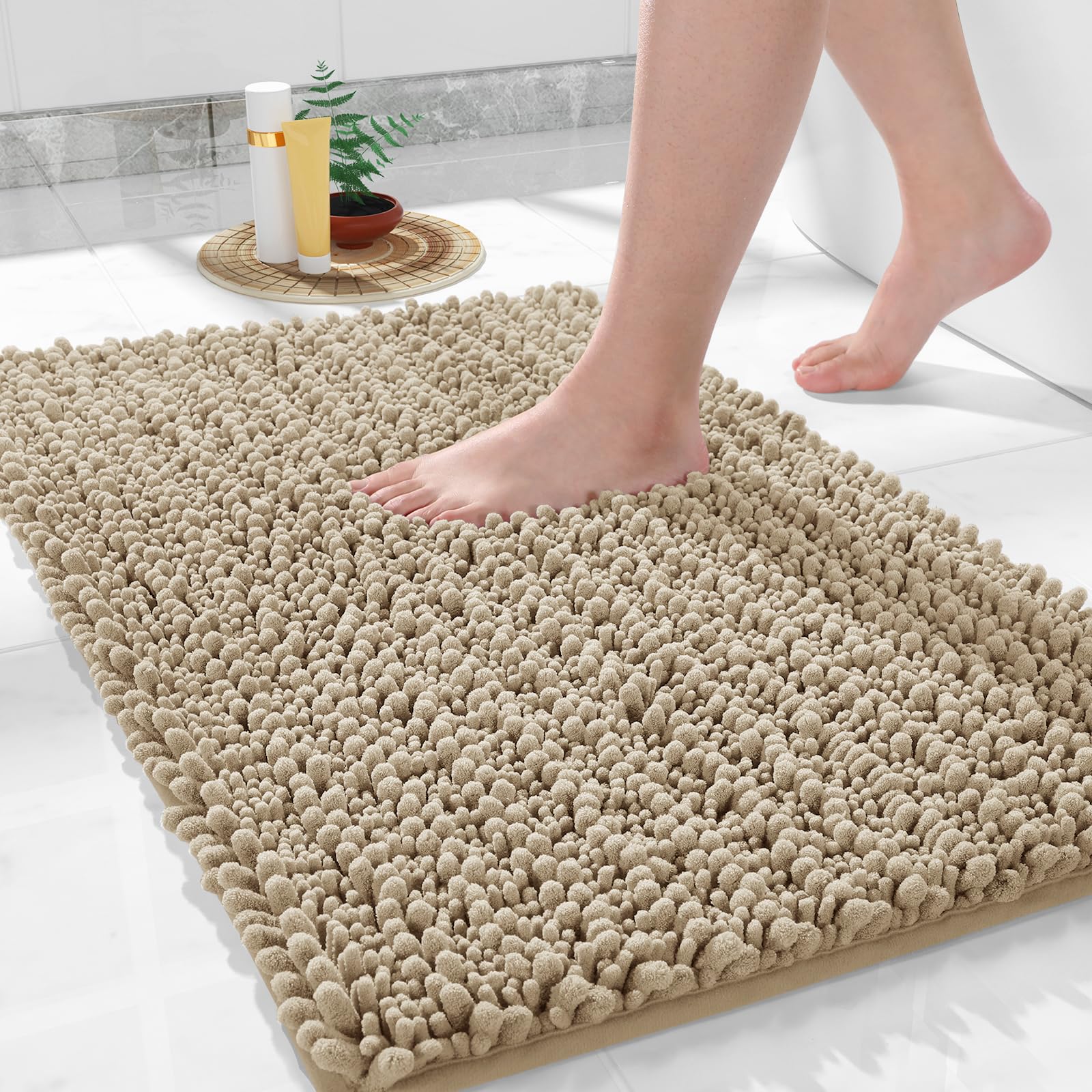 Yimobra Soft Shaggy Bath Mat 36.2 x 24 Inches - Non-Slip, Super Absorbent & Quick Dry Bathroom Rug for Floor - Machine Washable Large Bath Mat in Pale Khaki - Perfect for Bathroom, Shower & Vanity Areas