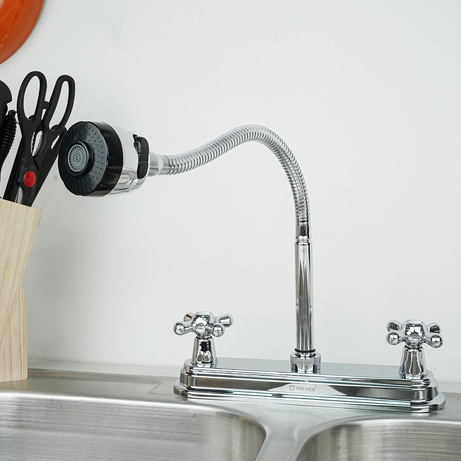 SOLVEX 2 Handle Commercial Kitchen Sink Faucet - High Arc 360° Swivel Stainless Steel 3 Hole Faucet with Flexible Spout, Modern Chrome Finish for Home & Restaurant Use (Model SP-80202) | Perfect for Washing Dishes, Food Prep & Heavy-Duty Cleaning