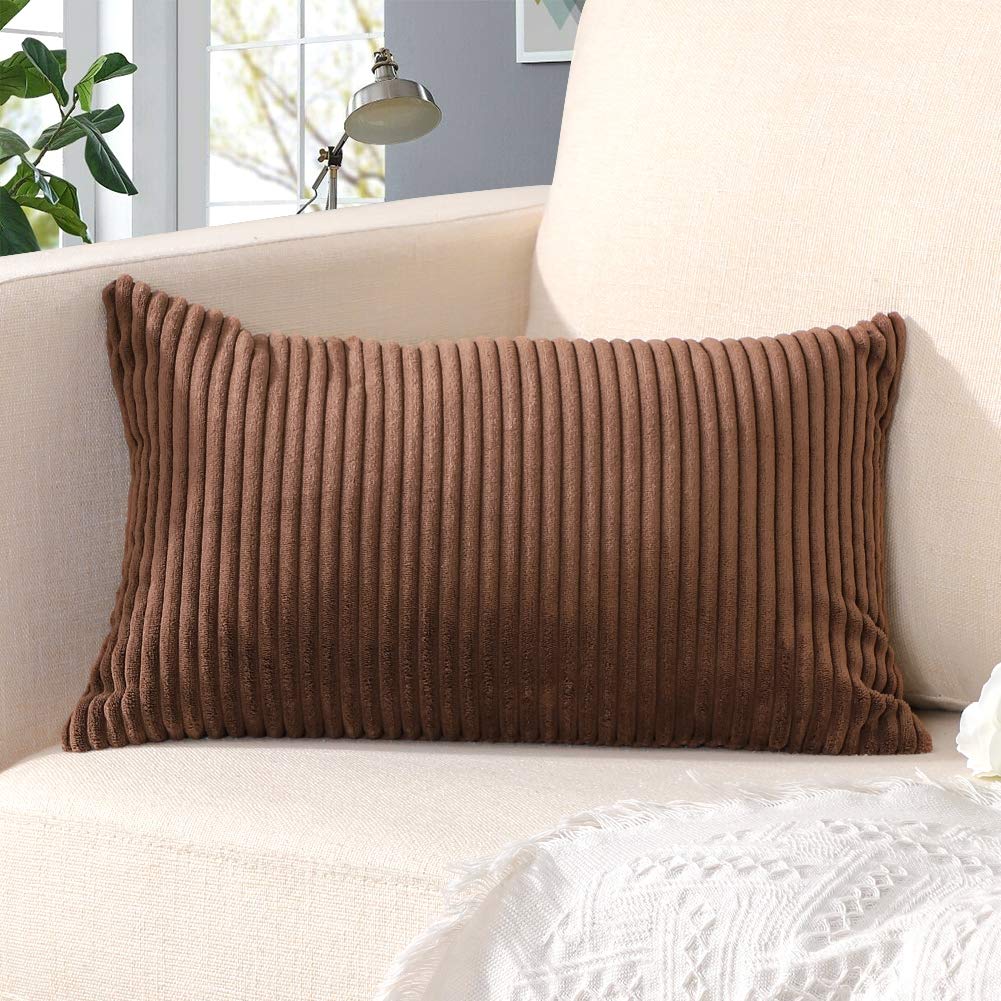 Artscope Cozy Striped Corduroy Pillow Covers - Super Soft Decorative Oblong Throw Pillow Cases (12x20 Inches, Brown) for Sofa, Couch, Bedroom & Car Decor | Perfect for Living Room Accents, Home Styling & Cozy Comfort