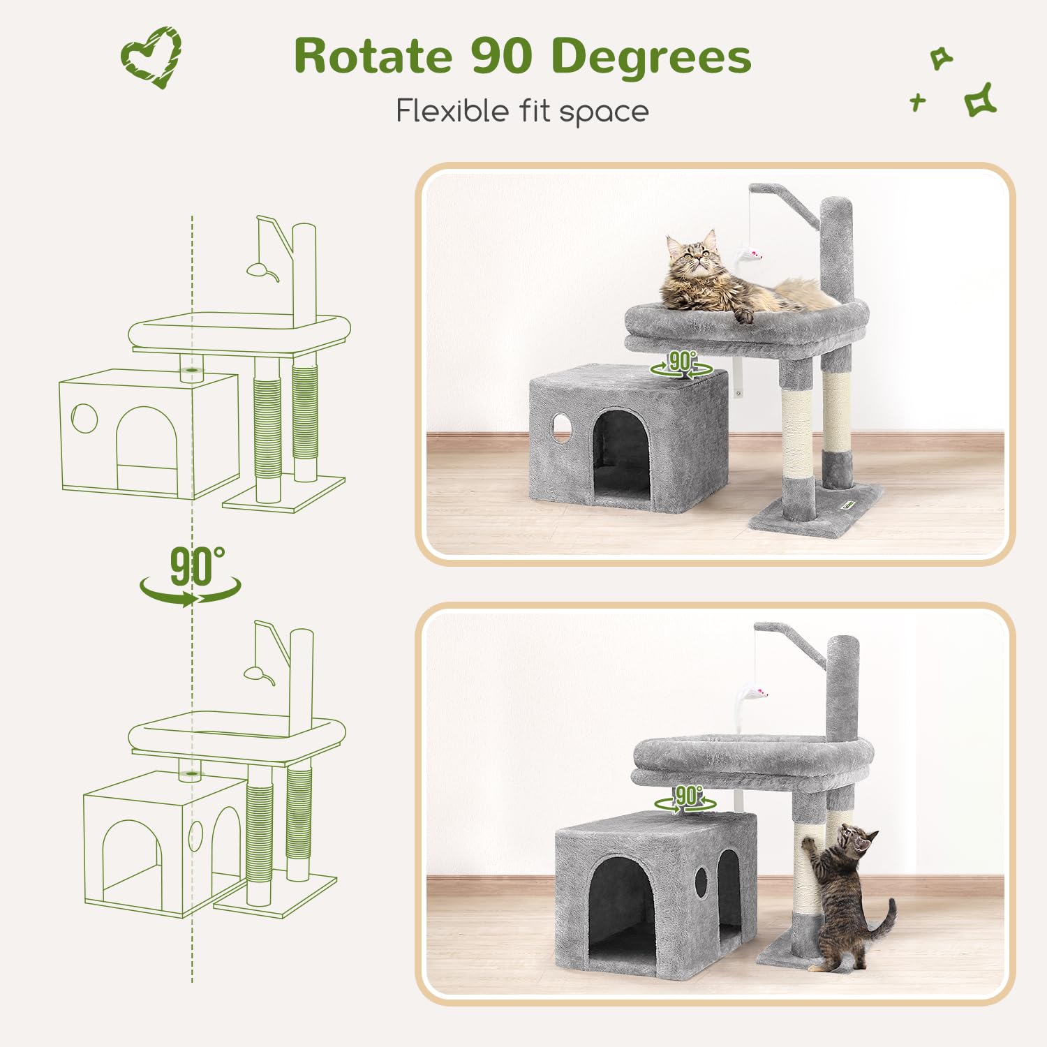 F32 Small Cat Tree for Large Indoor Cats - Sturdy Short Cat Tower with Extra-Large Padded Platform, Senior Cat Tree & Condo for Adult Cats & Kittens (Light Grey) - Perfect for Apartments, Living Rooms & Pet-Friendly Spaces