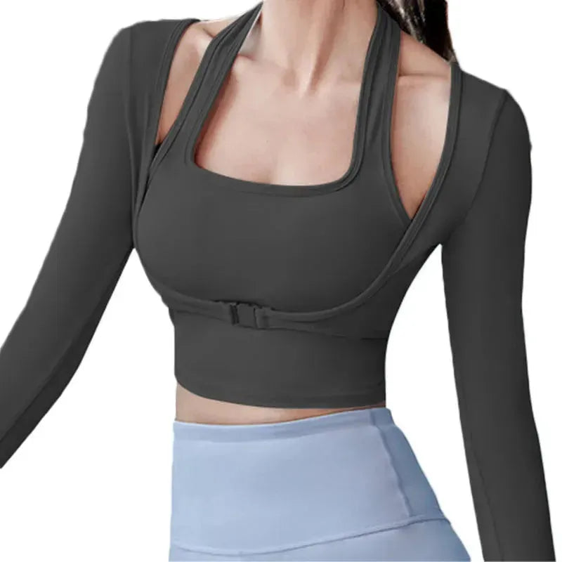 AIITHUUG Women's Long Sleeve Padded Yoga Shirt - Fake Two Piece Workout Top with Underbust Fastener for Gym, Fitness & Yoga | Sexy & Comfortable Activewear for Women