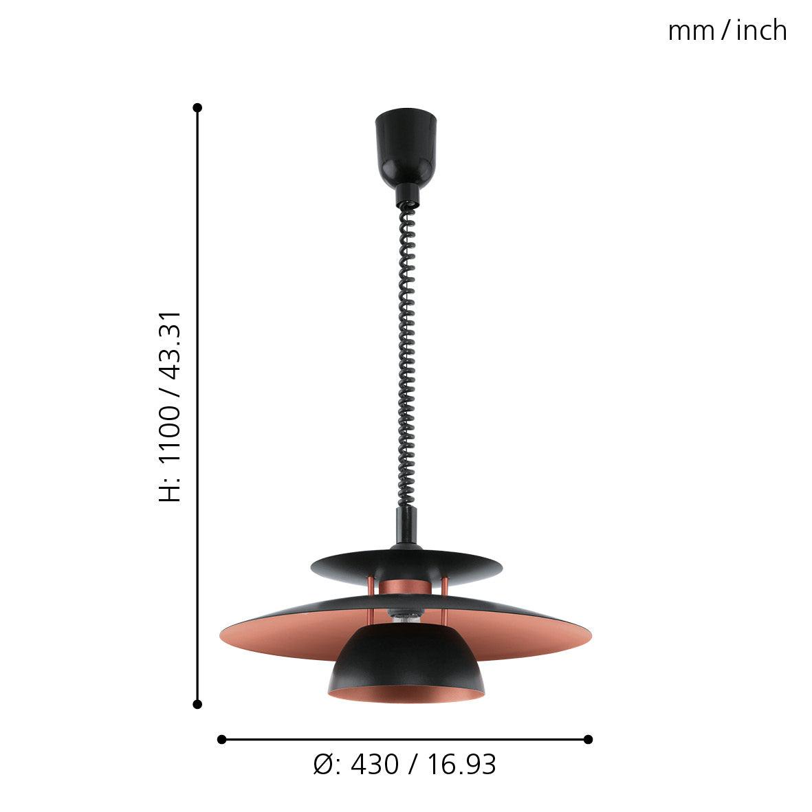 Eglo Brenda Black & Copper Height Adjustable Ceiling Pendant Light - Modern Industrial Fixture for Kitchen Island, Dining Room & Living Room Lighting