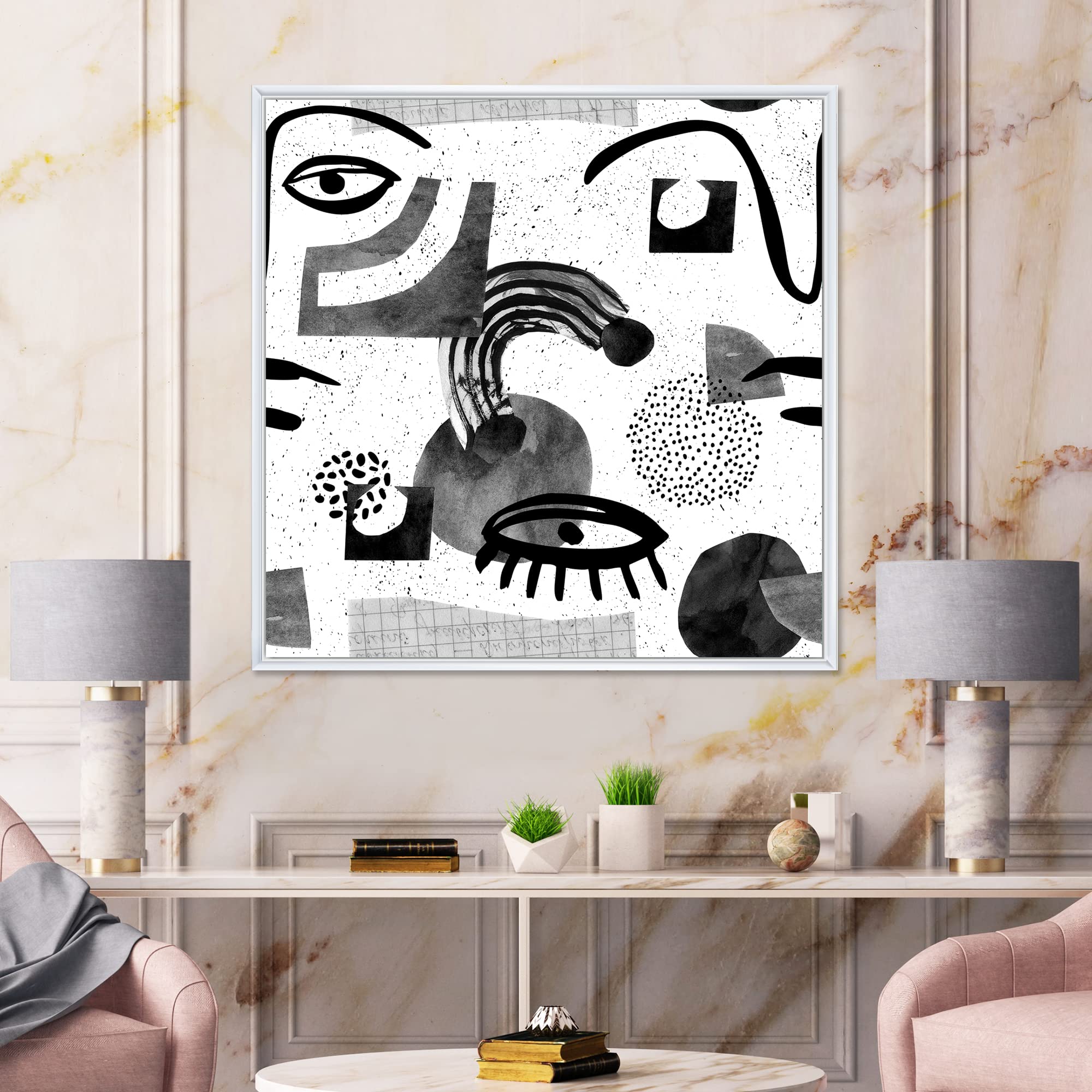 Contemporary Style II Collage of Eyes & Doodles - Modern Framed Canvas Wall Art Print for Living Room, Bedroom & Office Decor