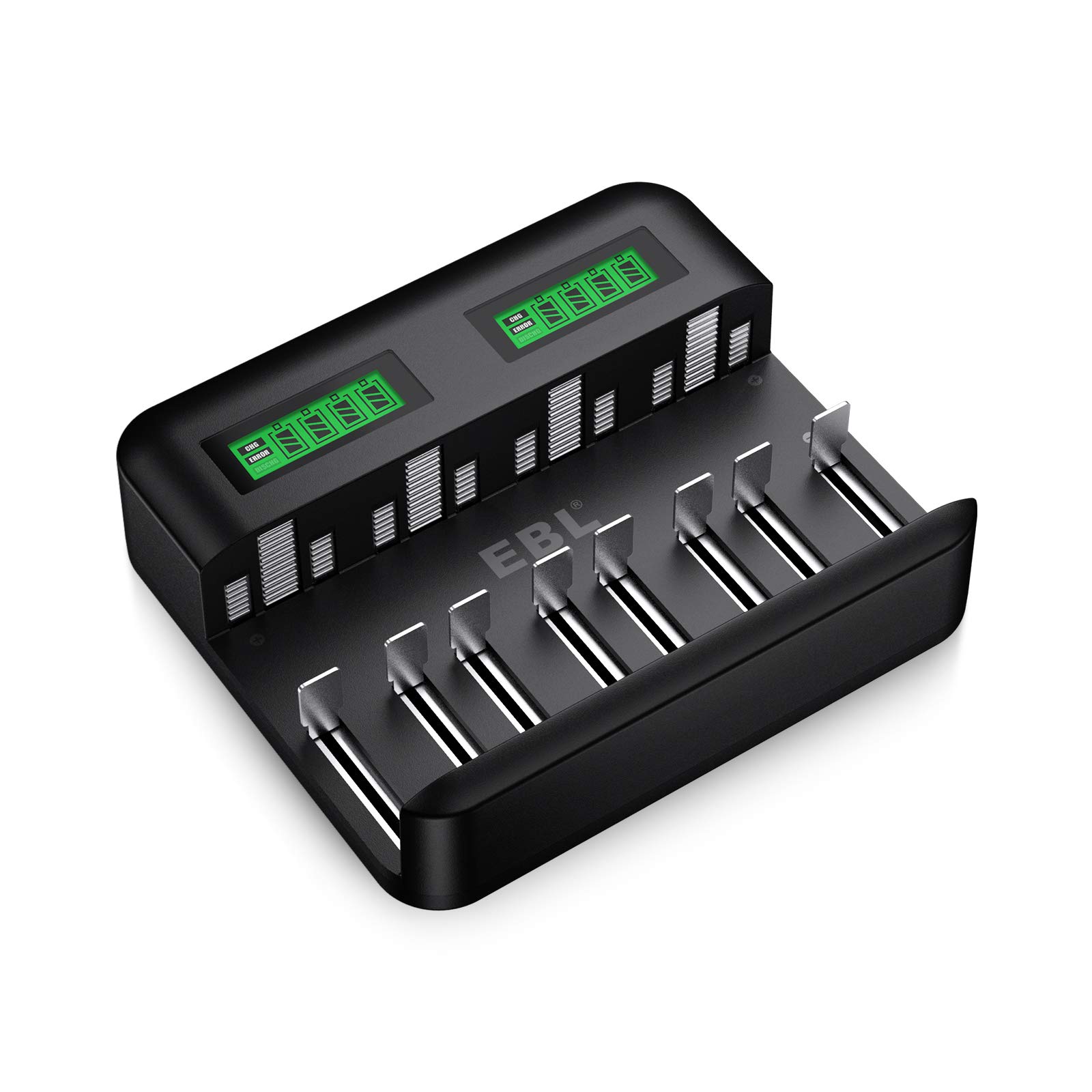 EBL LCD Universal 8 Bay Battery Charger for AA AAA C D Ni-MH Rechargeable Batteries with 2A USB Port & Type-C Input - Fast Charging for Home, Office, Travel, and Emergency Power Supply