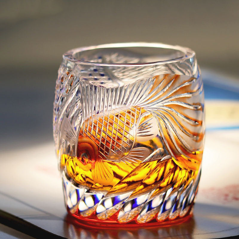 Handcrafted Edo Kiriko Koi Whisky Glass & Tea Cup - Japanese Artisan Cut Crystal for Whiskey, Cocktails & Tea Ceremony - Perfect Gift for Collectors & Home Bar Decor