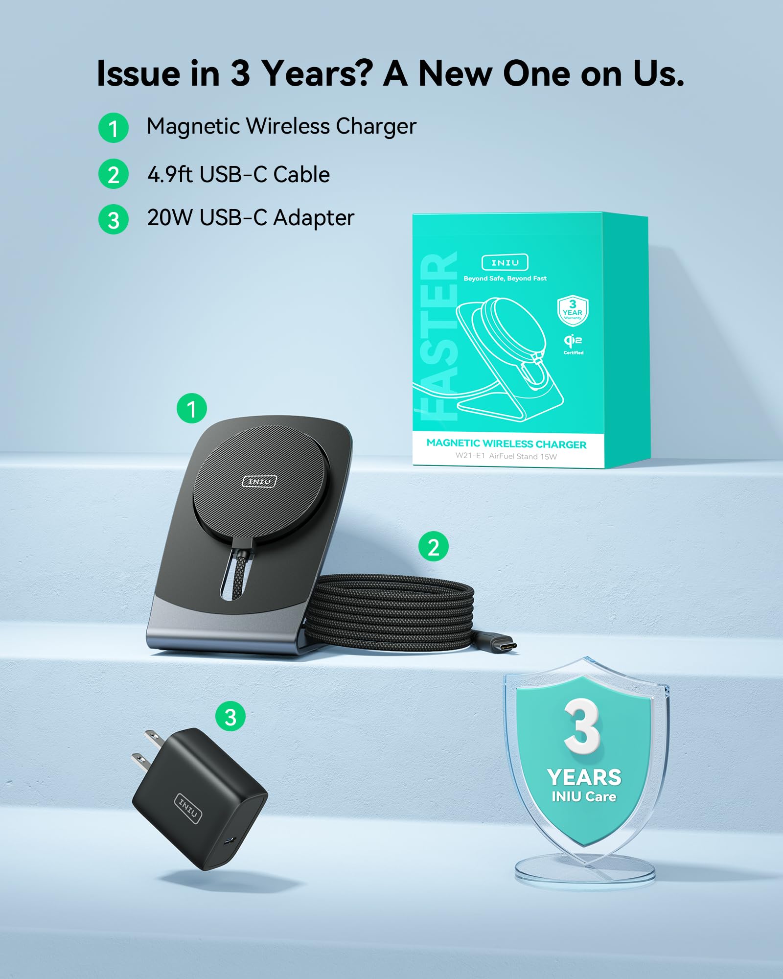 INIU Magnetic Wireless Charger Stand - Qi2 Certified 15W Fast Charging Station with Cooling Fan for iPhone 16/15/14/13/12 & AirPods Pro/4/3 (Includes Adapter) | Perfect for Bedside, Office & Travel Charging