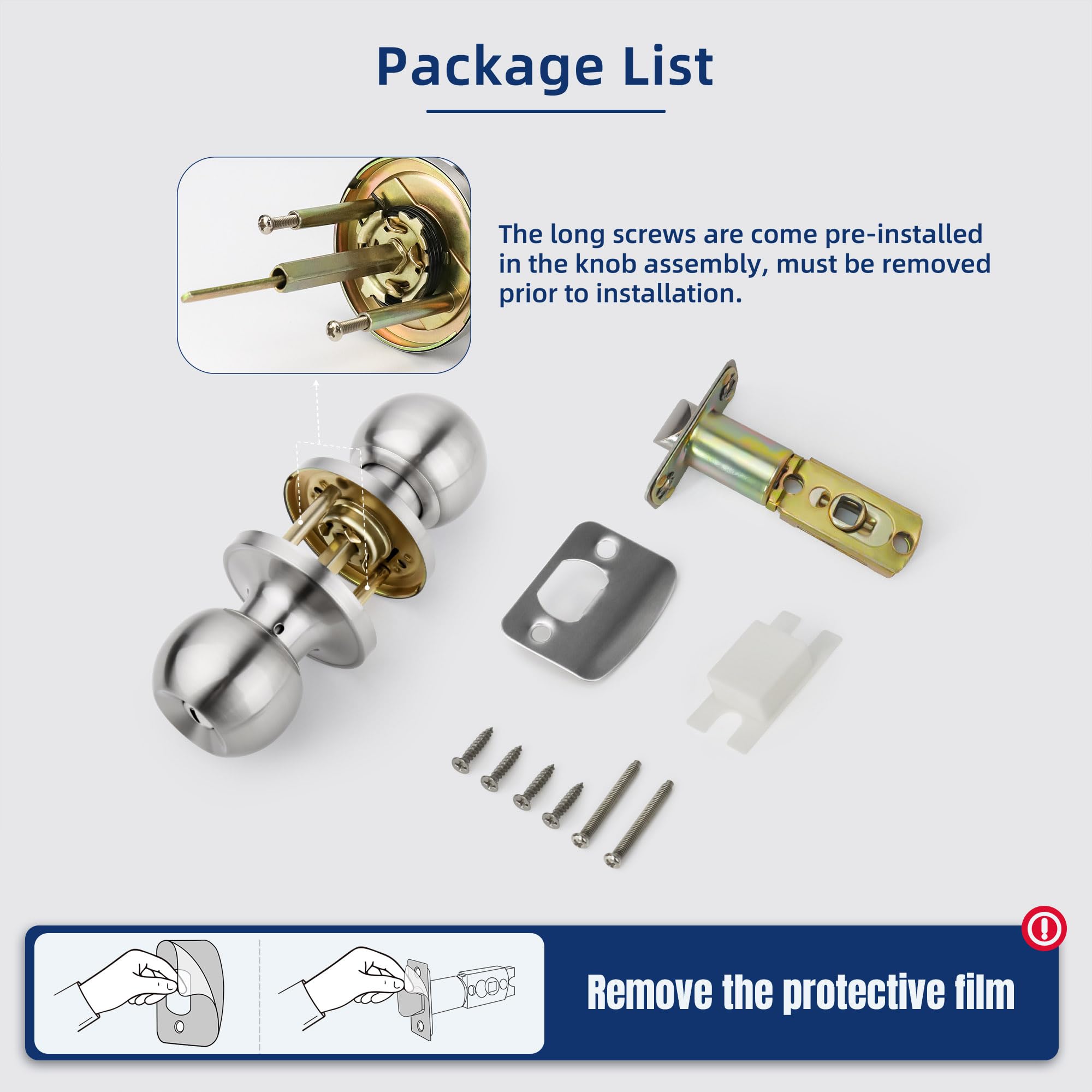Keyless Ball Door Knob - Satin Nickel Privacy Lock for Bedroom & Bathroom - Easy Installation