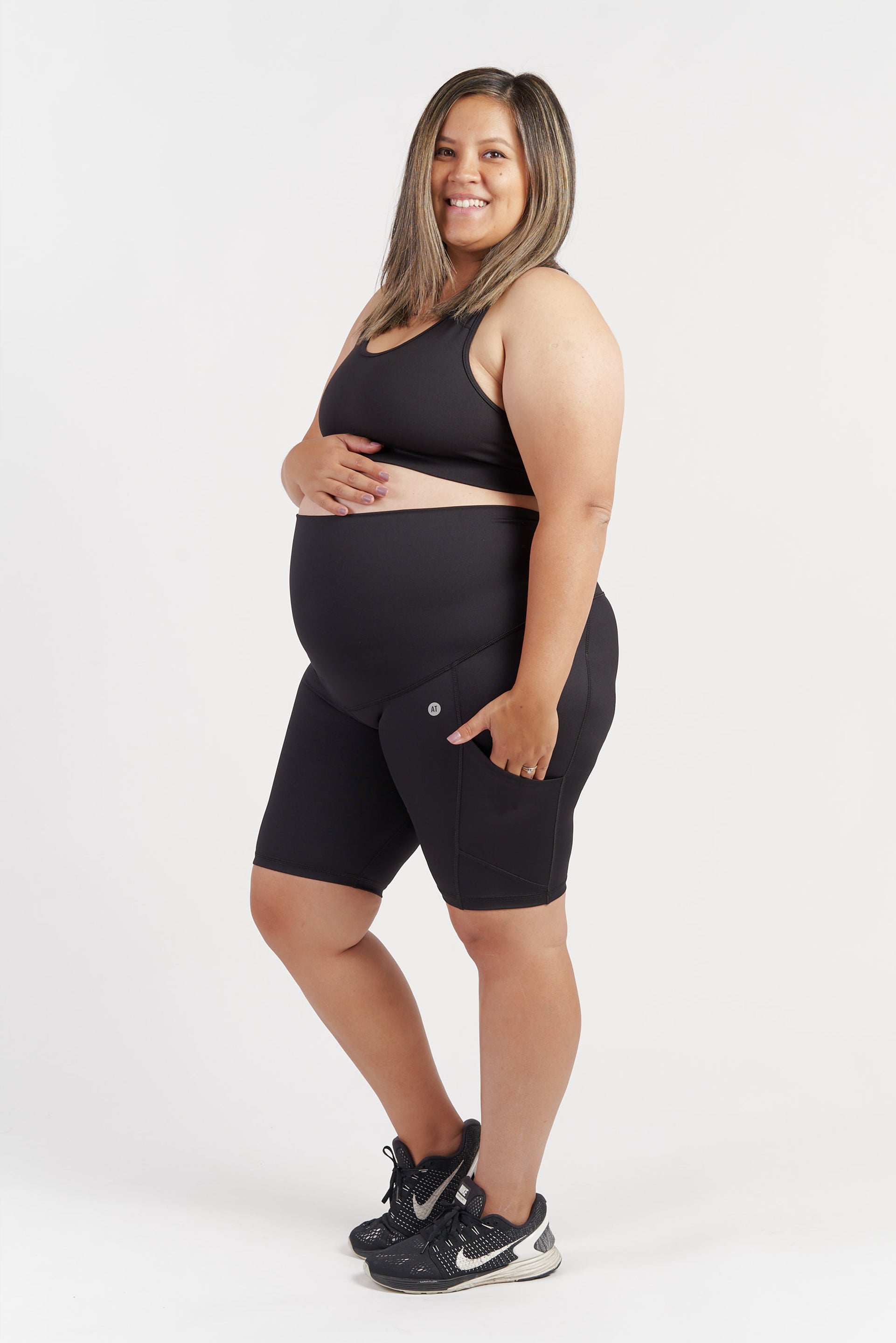 **Maternity Support Bike Shorts with Pockets - Black - Comfortable & Breathable for Pregnancy Workouts, Yoga & Daily Wear**