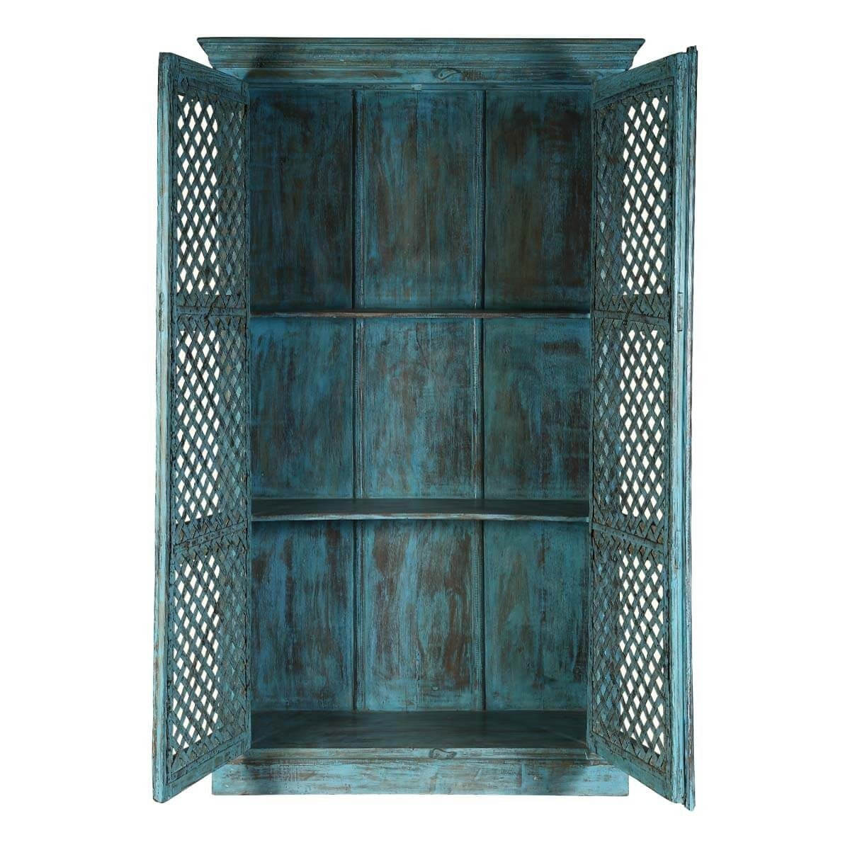Hand Carved Indian Solid Wood Farmhouse Style Lattice Door Cabinet - Rustic Storage Solution for Living Room, Bedroom & Entryway Décor