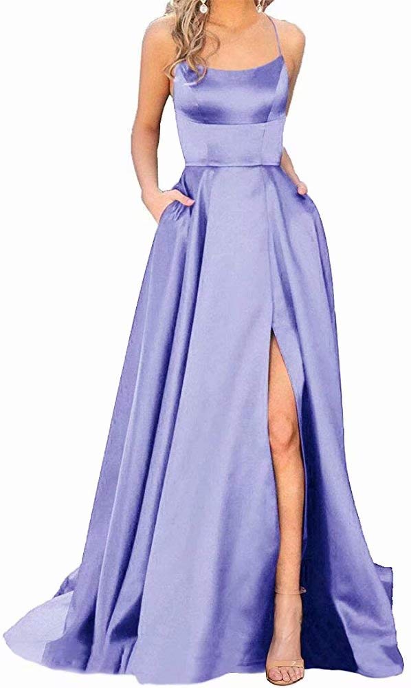 Elegant Women's Halter Prom Dresses - Long Side Split Backless Satin Formal Evening Gowns with Pockets for Homecoming, Wedding & Special Occasions