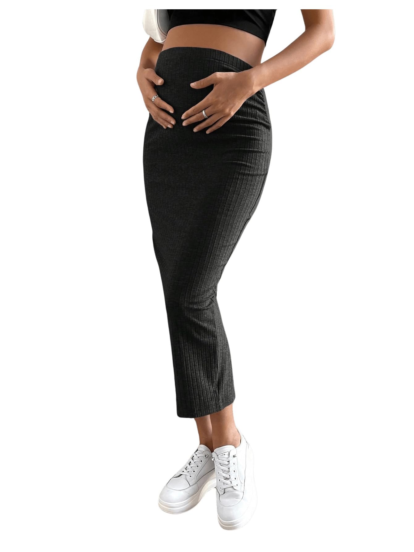 SHENHE Women's Maternity Skirt - Adjustable Rib Knit High Waist Pencil Long Skirt with Side Slit | Comfortable Stretchy Pregnancy Skirt for Work, Office & Casual Wear