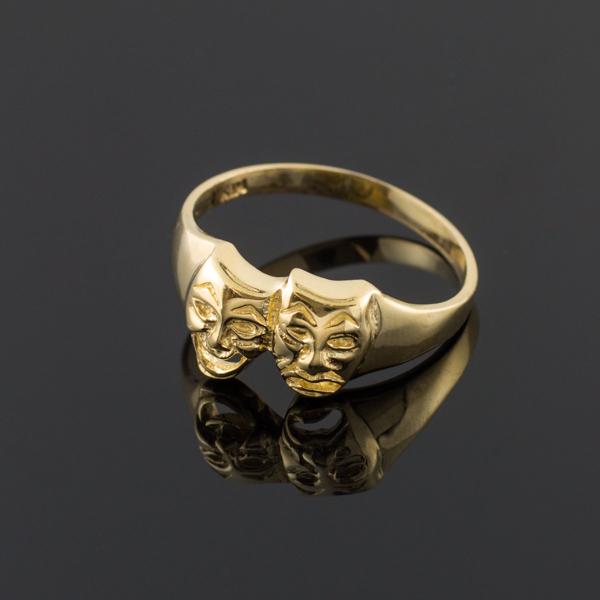 14K Yellow Gold Comedy and Tragedy Theater Mask Ring - High Polish Drama Jewelry for Actors, Performers, and Theater Lovers - Perfect Gift for Drama Students and Theater Enthusiasts