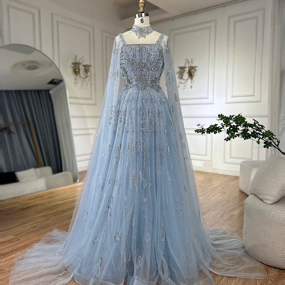 Luxury Dubai Arabic Nude A-Line Cape Sleeve Crystal Beaded Evening Gown for Women - Saudi Formal Dress LA72764 | Wedding, Prom, Gala & Special Occasions