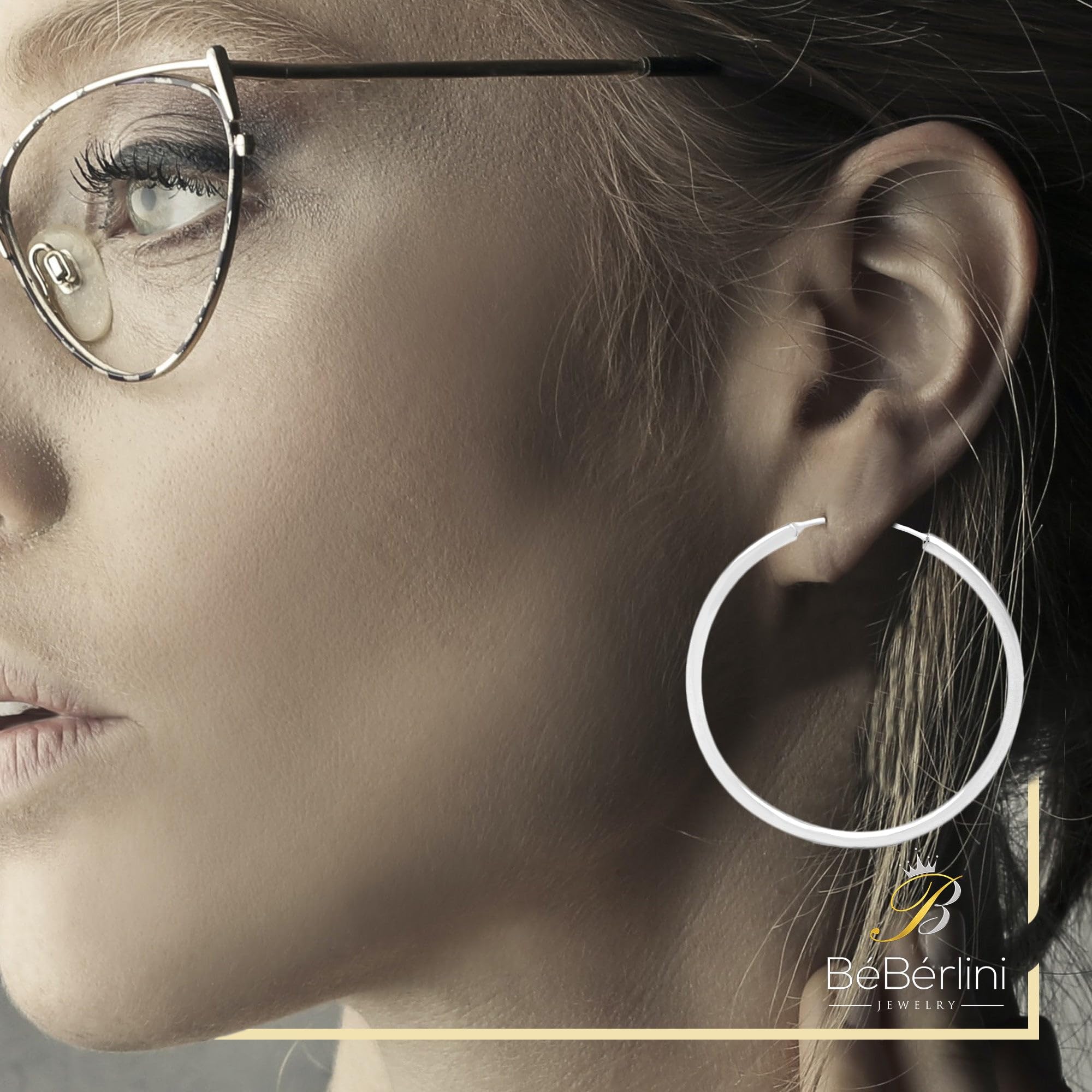 BEBERLINI Silver Large Hoop Earrings for Women - 2mm Thick Plain Hoops, Hip Hop Fashion Jewelry - Perfect for Everyday Wear, Parties and Gift Giving