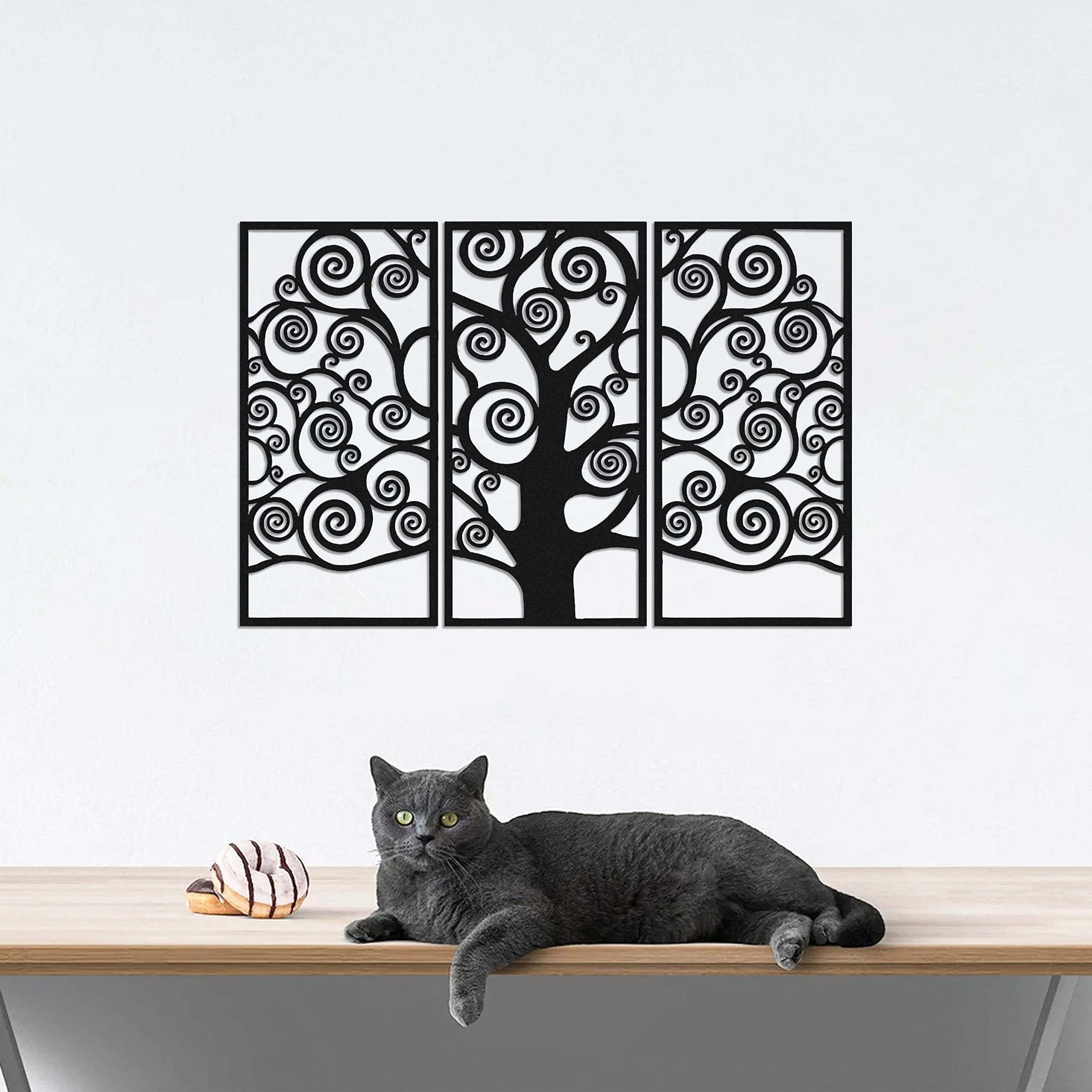 Gustav Klimt Tree of Life Metal Wall Art Set - 3 Piece Black Home Decor (99x49cm) - Elegant Wall Decorations for Living Room, Bedroom & Office Gifts